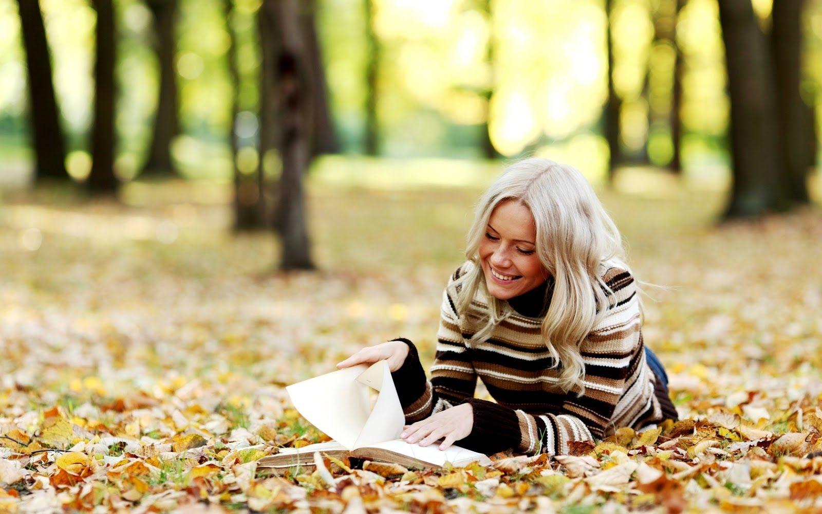 Blonde Girl Reading Book on Yellow Leaves HD Autumn Wallpaper. HD