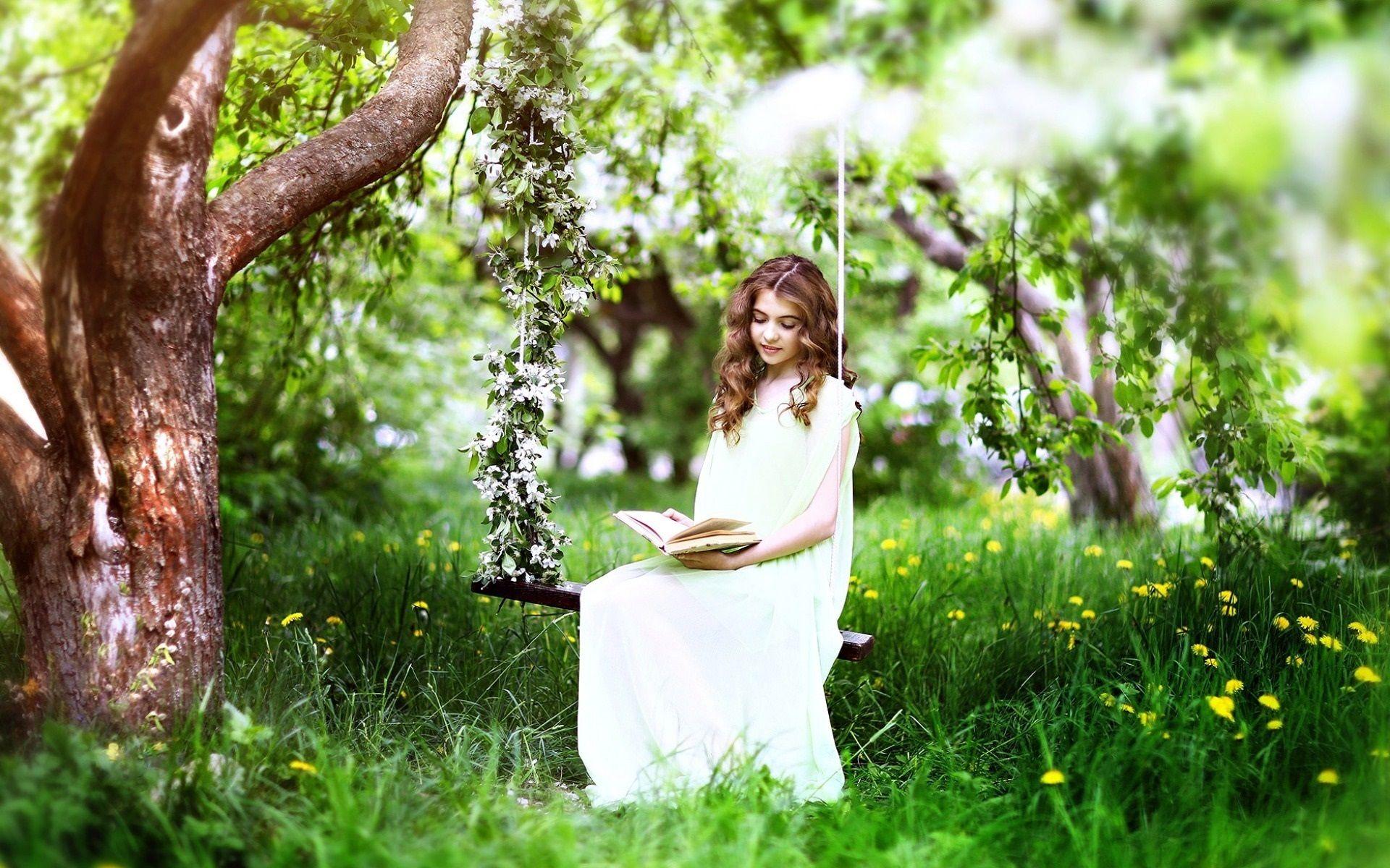 Grass, tree, spring, white dress girl read book Wallpaper