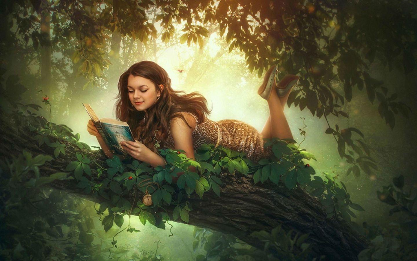 Reading, Book, Fantasy Tree, Fantasy, Girl, Girl Reading