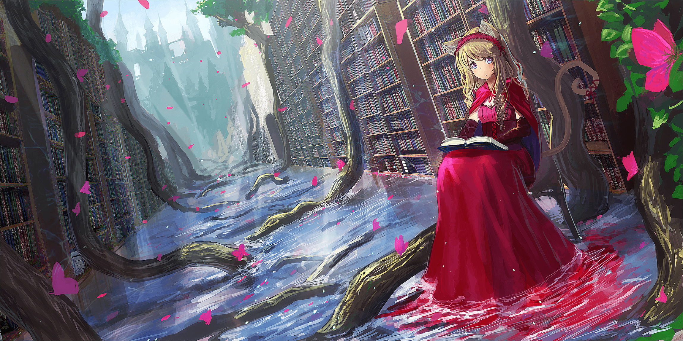 Wallpaper Anime Girl, Animal Ears, Red Dress, Reading Book