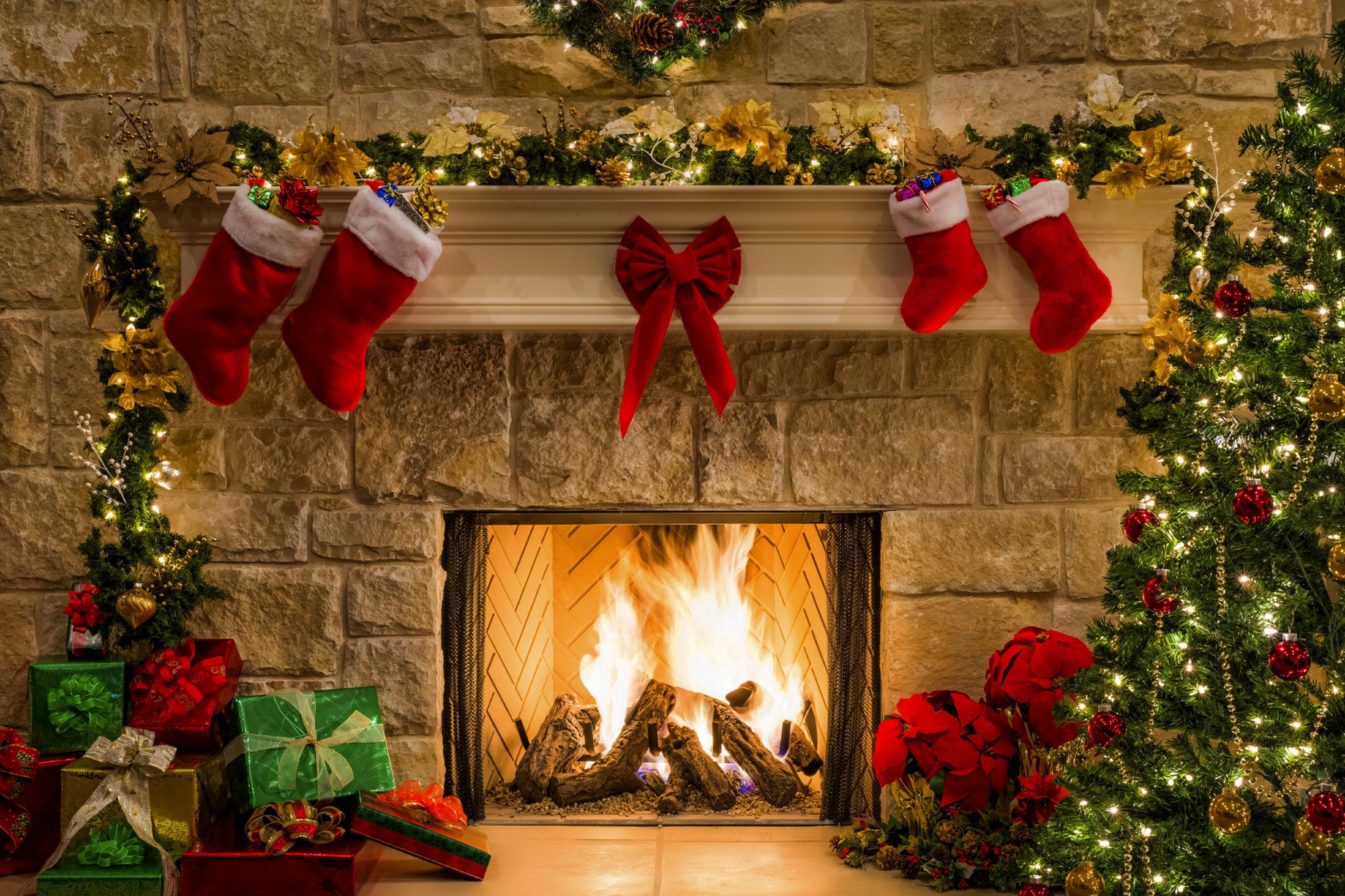Fireplace & Knit Christmas Stockings, Picture, Photo
