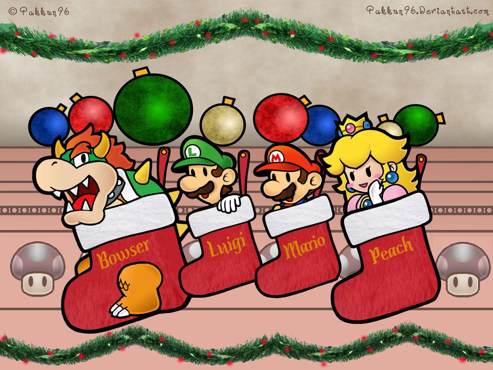 Super Mario Characters In Christmas Socks Wallpaper. Video Game