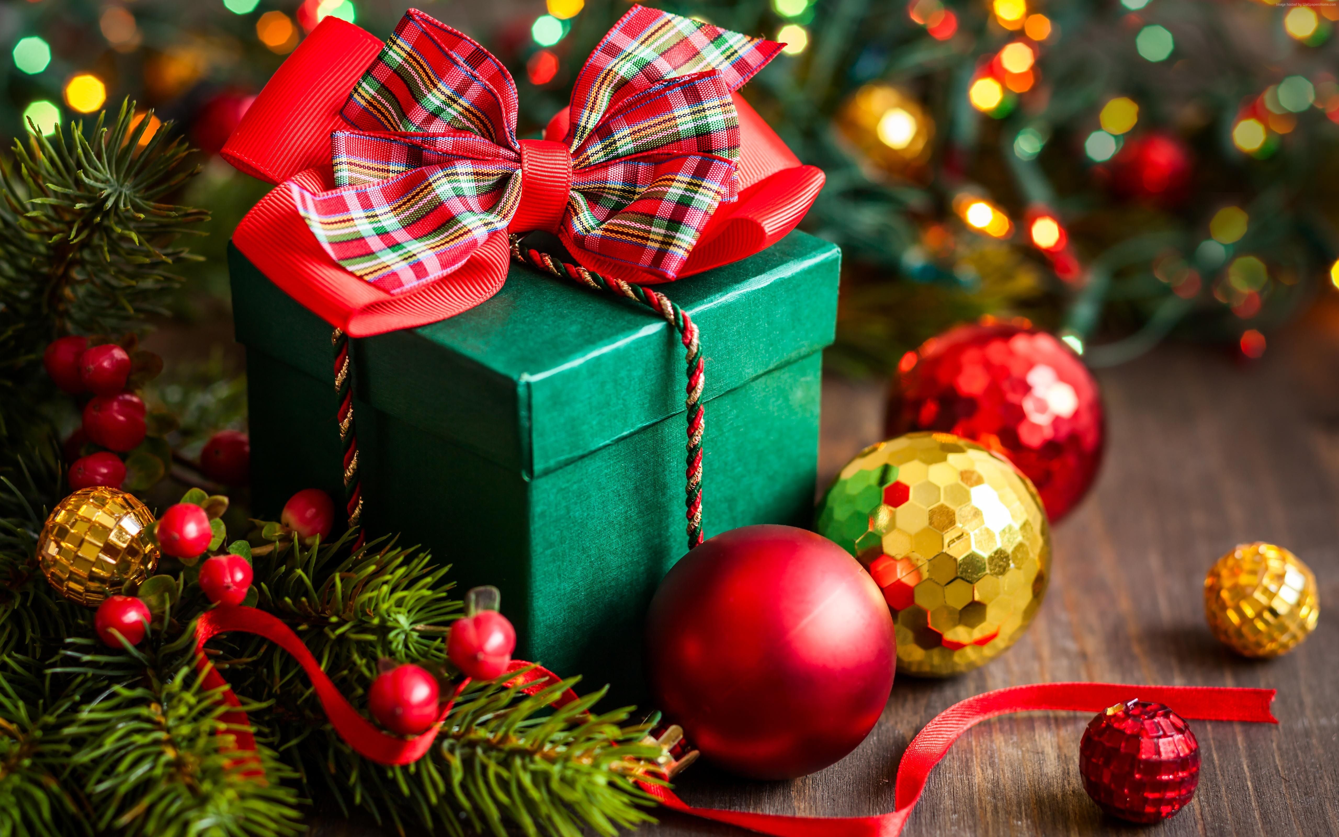 Wallpaper Christmas, New Year, Gift, Box, Balls, Fir Tree
