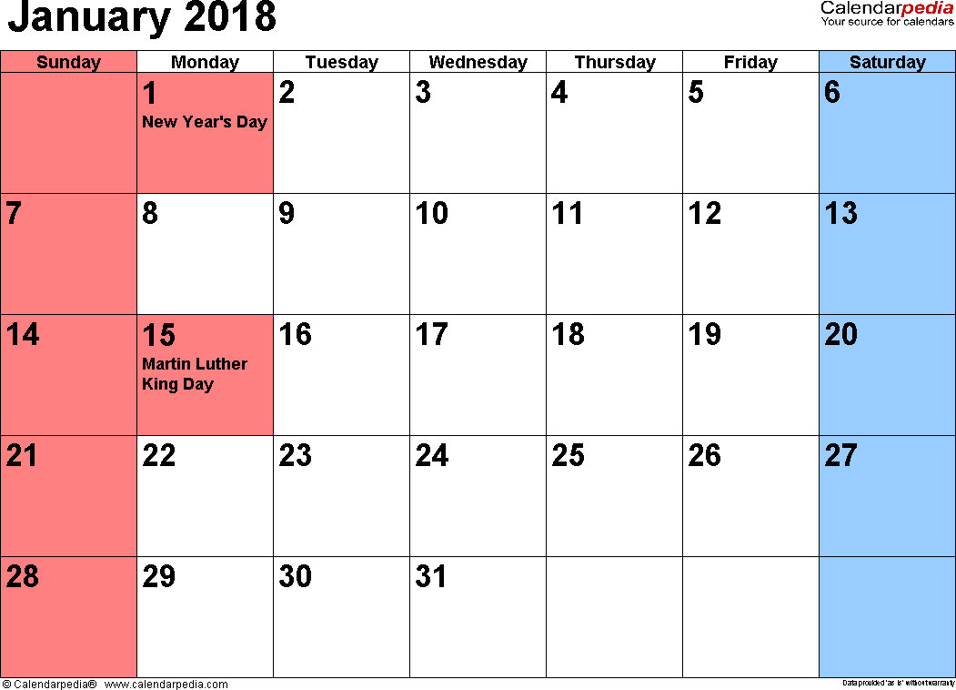 january calendar 2018
