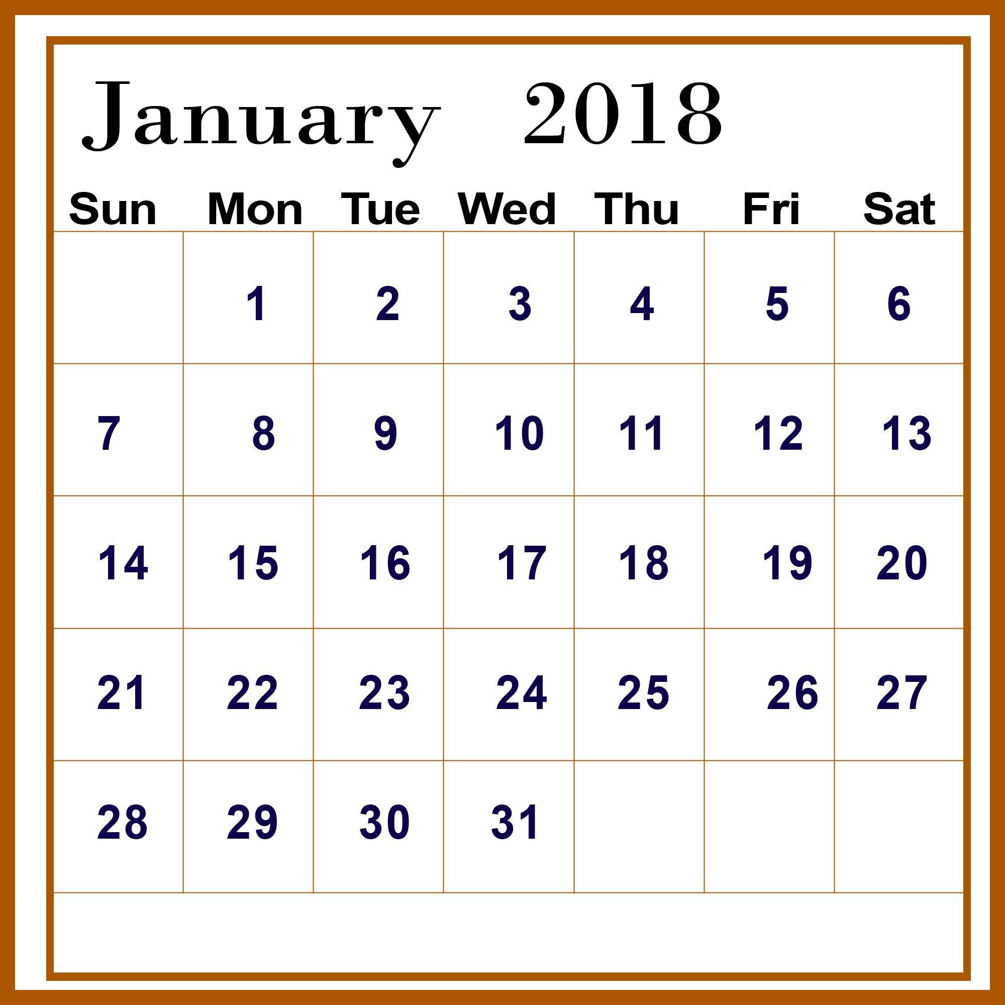 Jan 2018 Calendar Printable Large