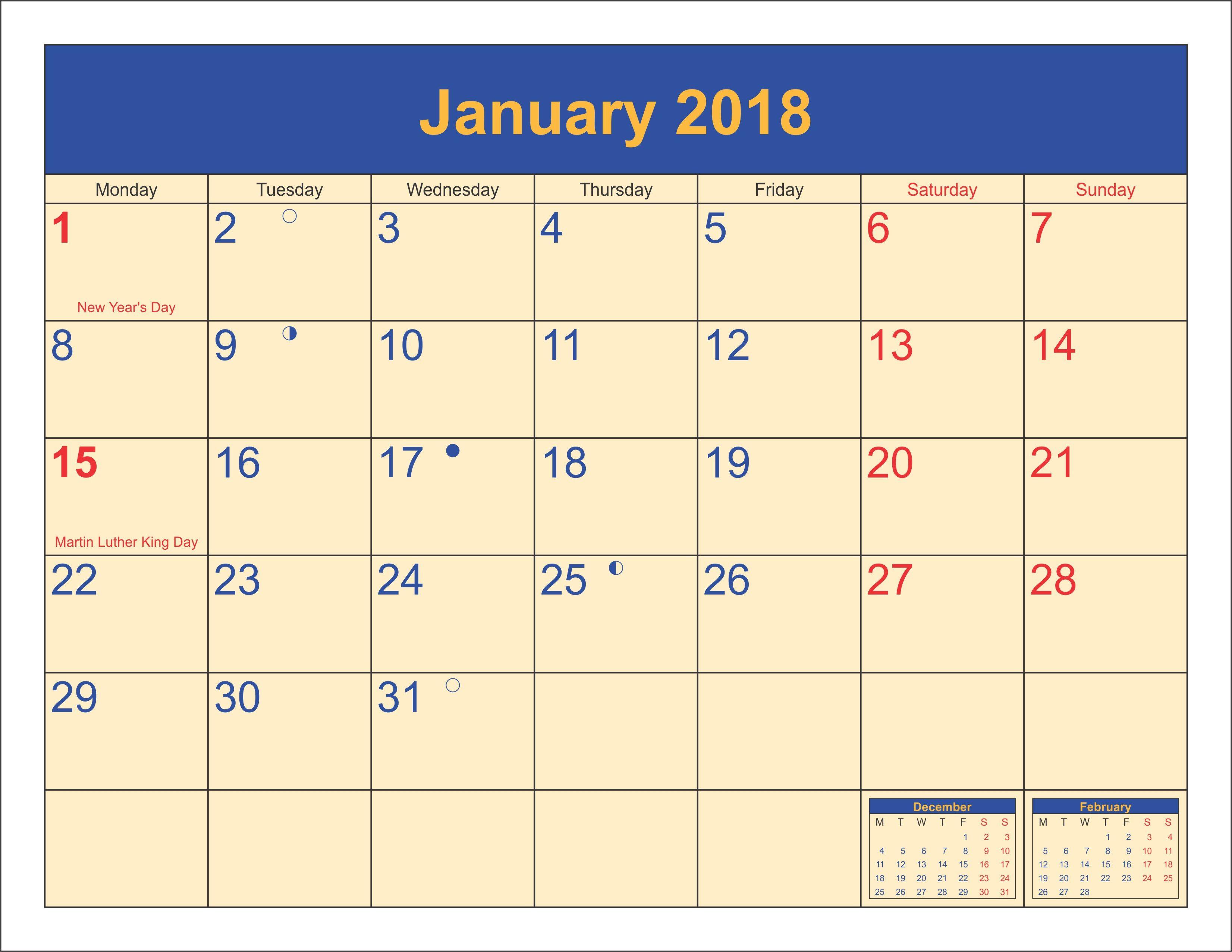 January 2018 Calendar With Holidays Pdf