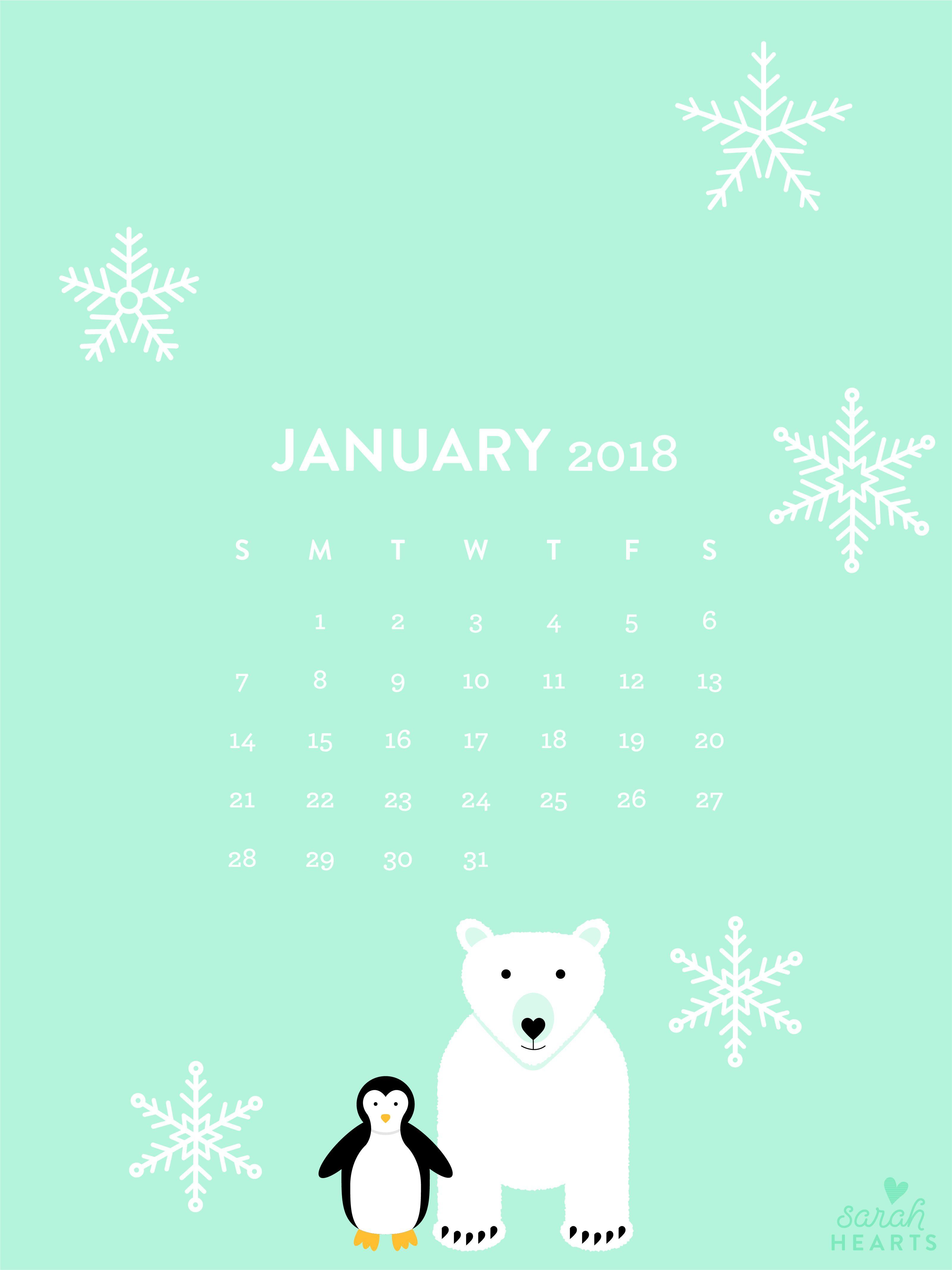 Polar Bear and Penguin January 2018 Calendar Wallpaper