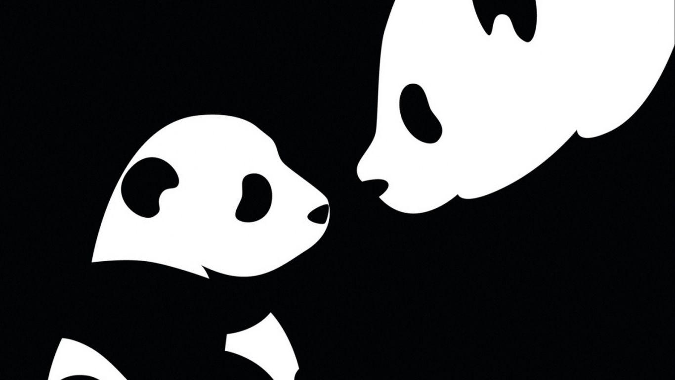 Download Wallpaper 1366x768 Panda, Drawing, Black, White laptop