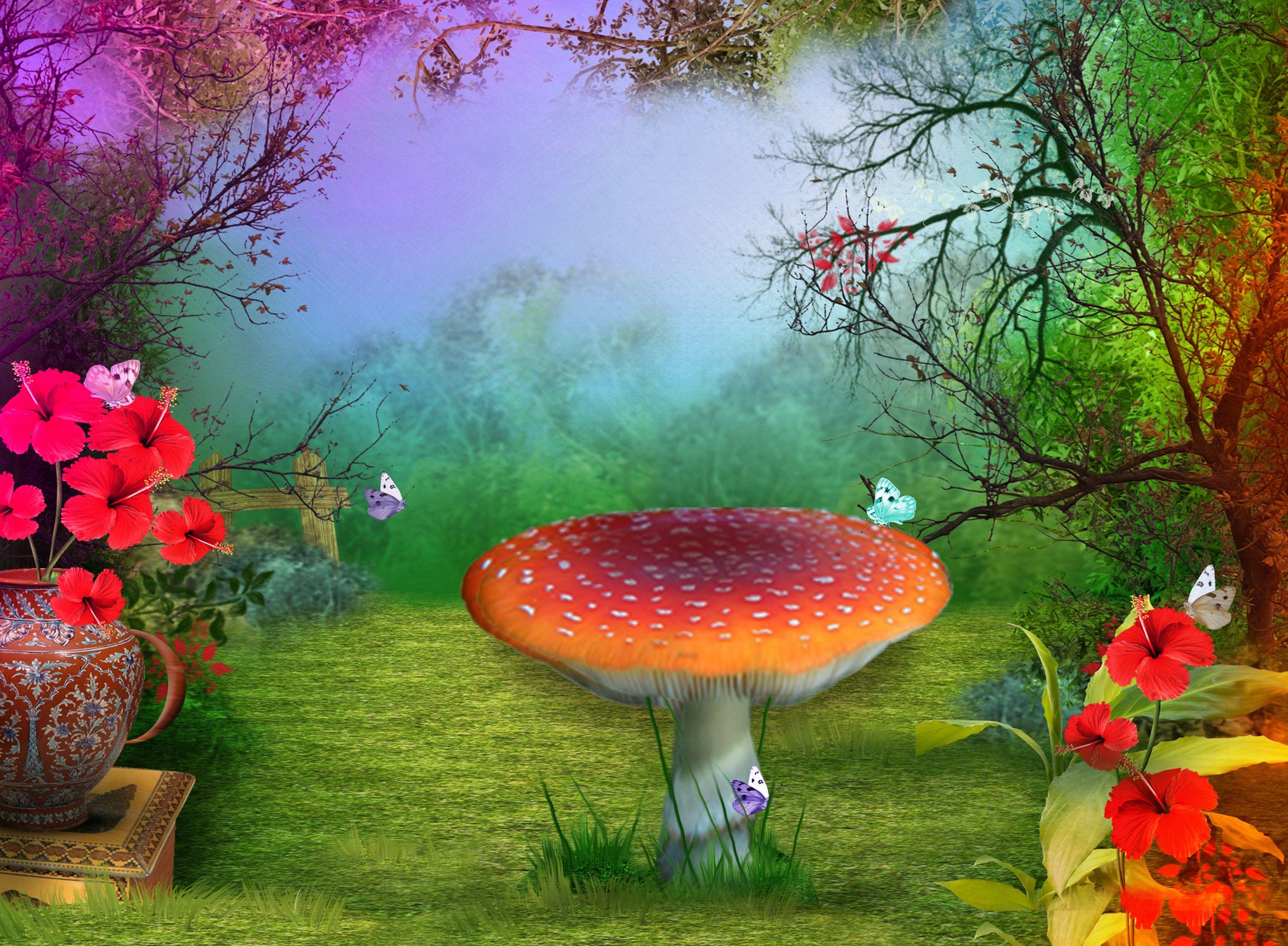 3D nature phantasmagoria mushroom butterfly flowers wallpaper