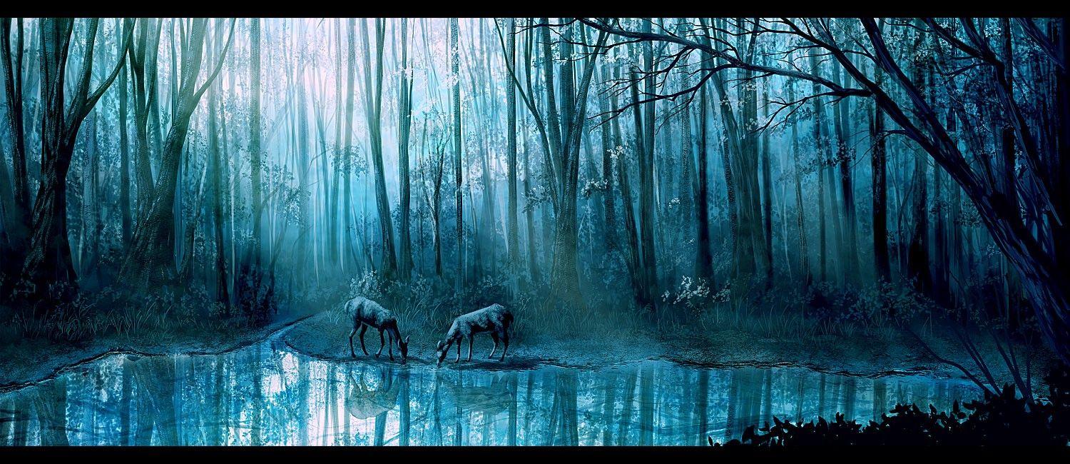 Forest: Blue Reflection Forest Lake Deer Fog Tree Wallpaper