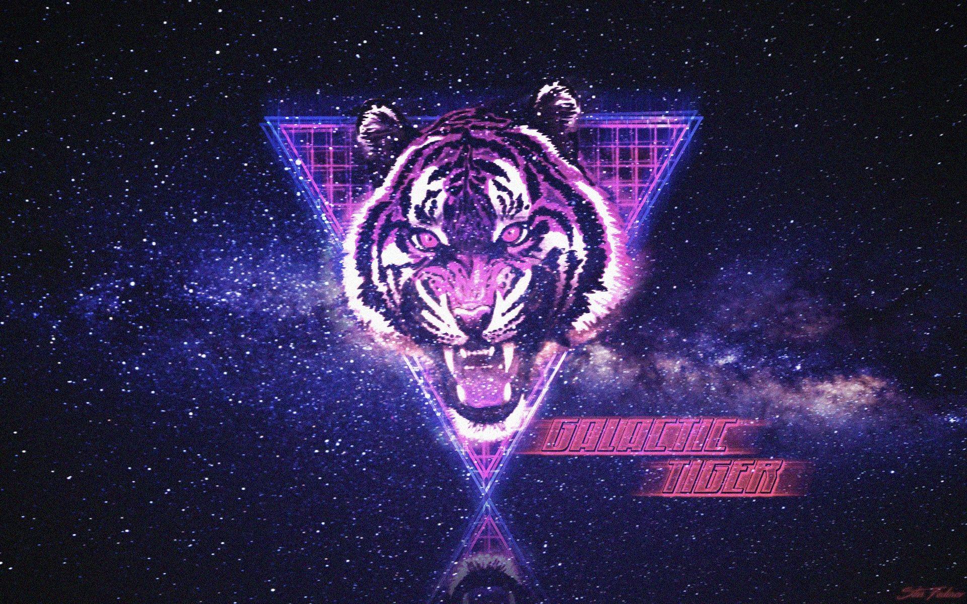 Wallpaper, tiger, space, neon, synthwave, New Retro Wave, Retrowave, typography, Photohop 1920x1200