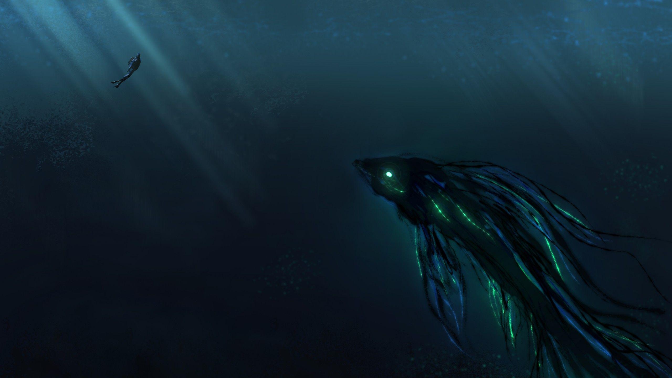 Wallpaper Deep Sea, Scuba Diver, Giant creature, HD, 4K, Creative