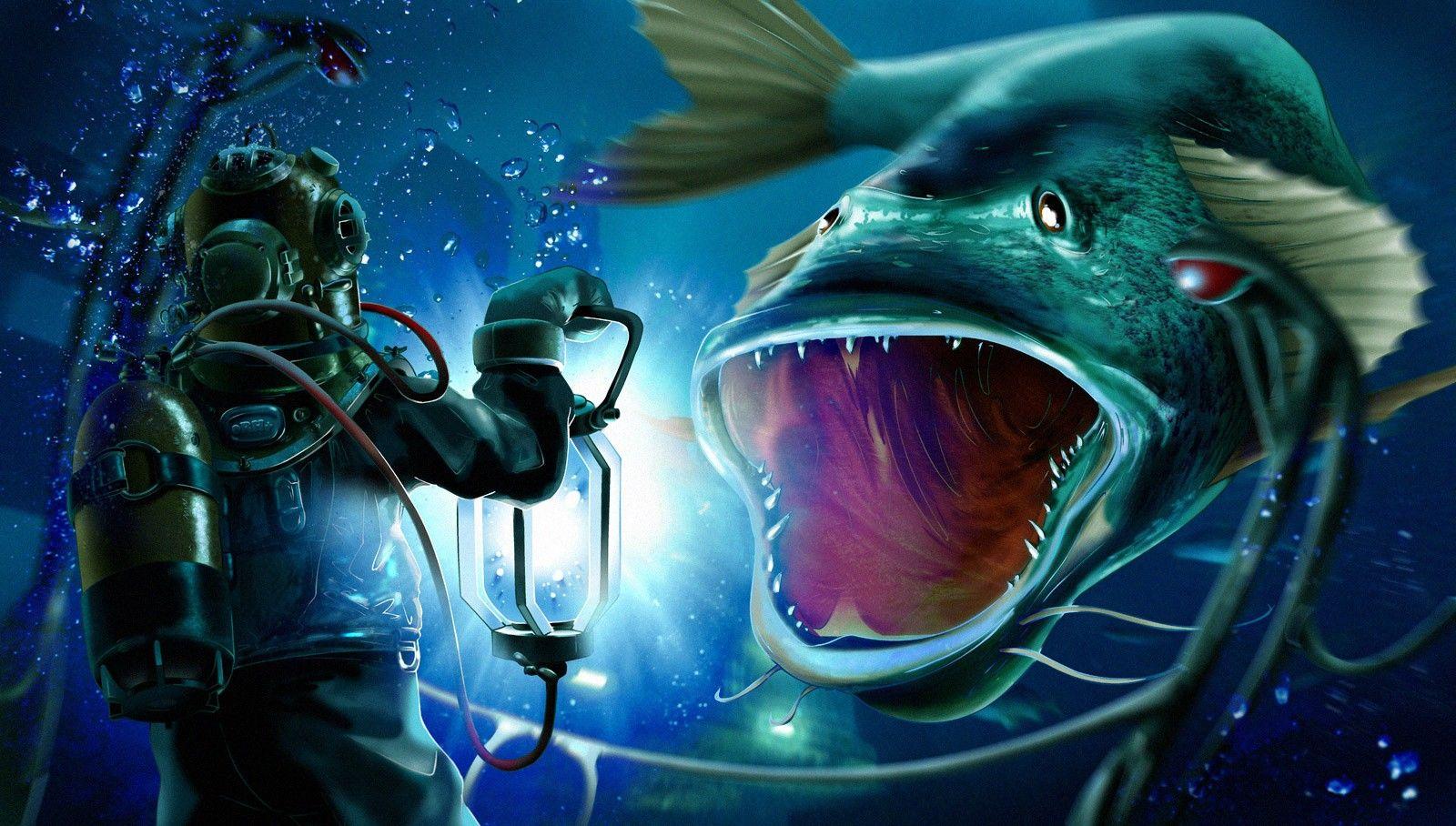 creatures diver fantasy art scuba diving underwater wallpaper