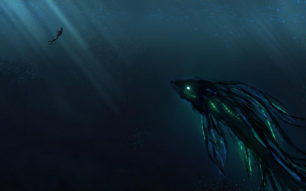 Wallpaper Deep Sea, Scuba Diver, Giant creature, HD, 4K, Creative