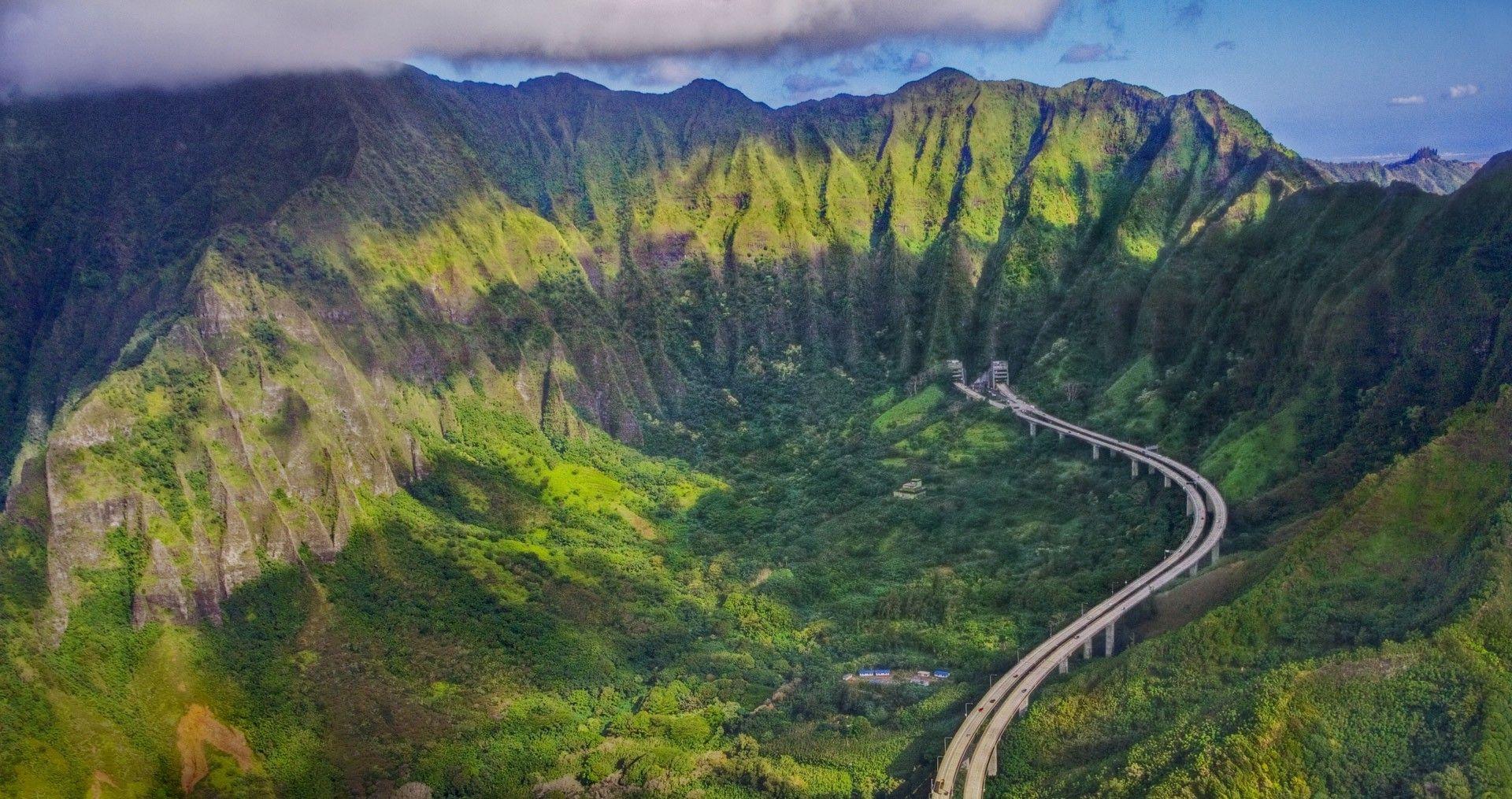 nature, Landscape, Mountain, Highway, Forest, Oahu, Hawaii, Aerial