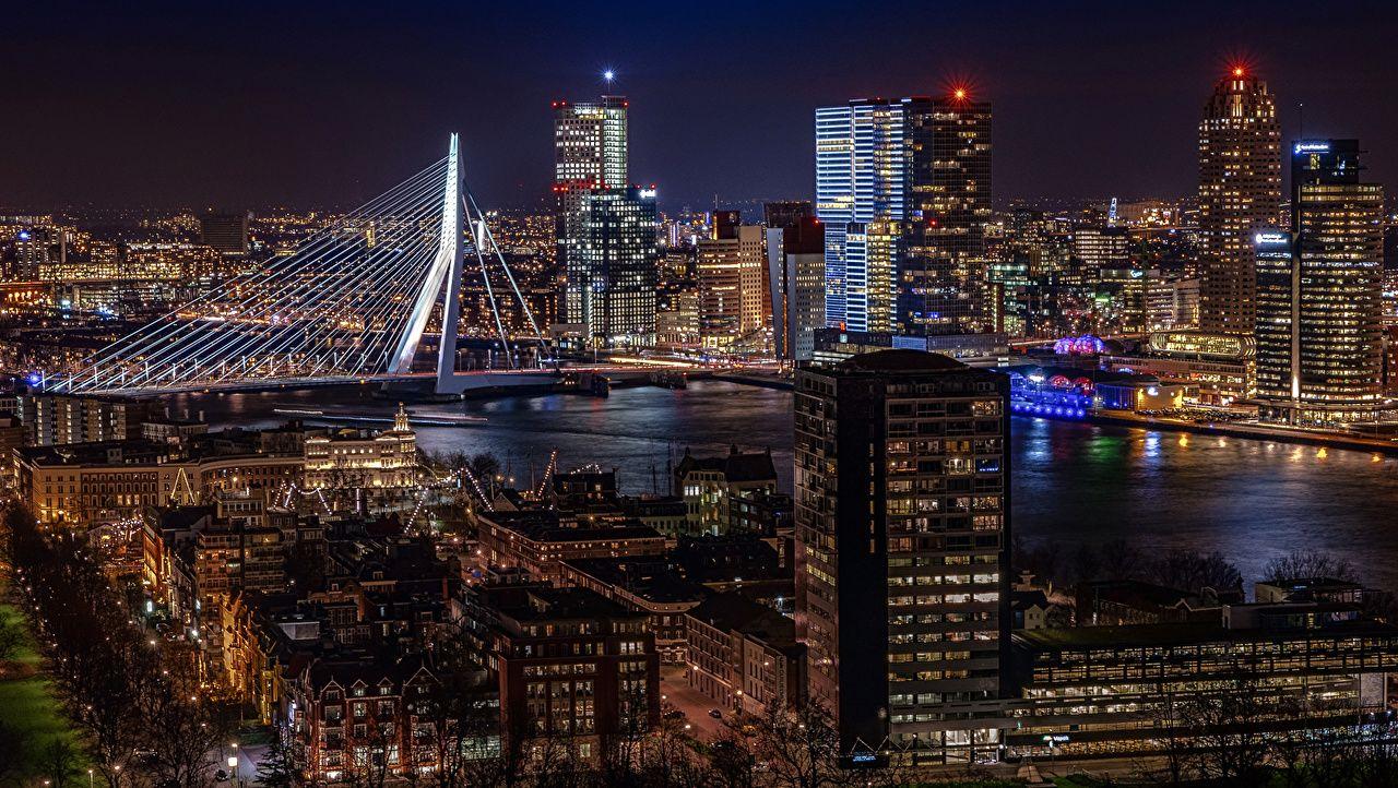 Picture Rotterdam Netherlands Bridges Night Rivers Cities Houses