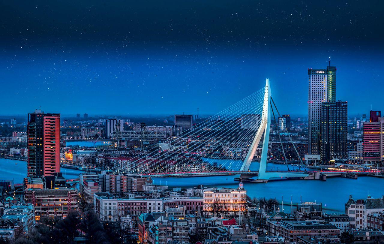 Wallpaper Netherlands Rotterdam Bridges Rivers Evening Cities Houses