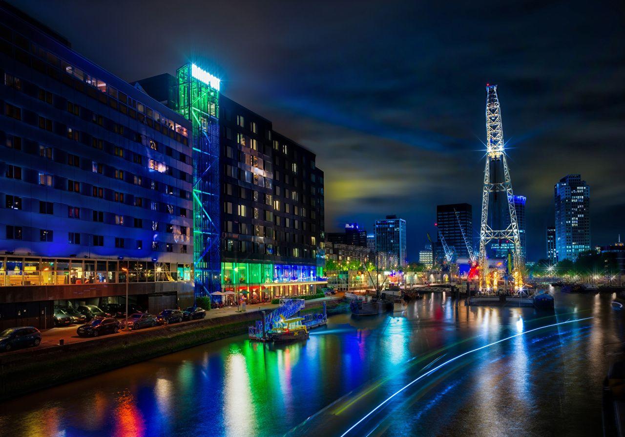 Wallpaper Rotterdam Netherlands Pier Rivers night time Cities