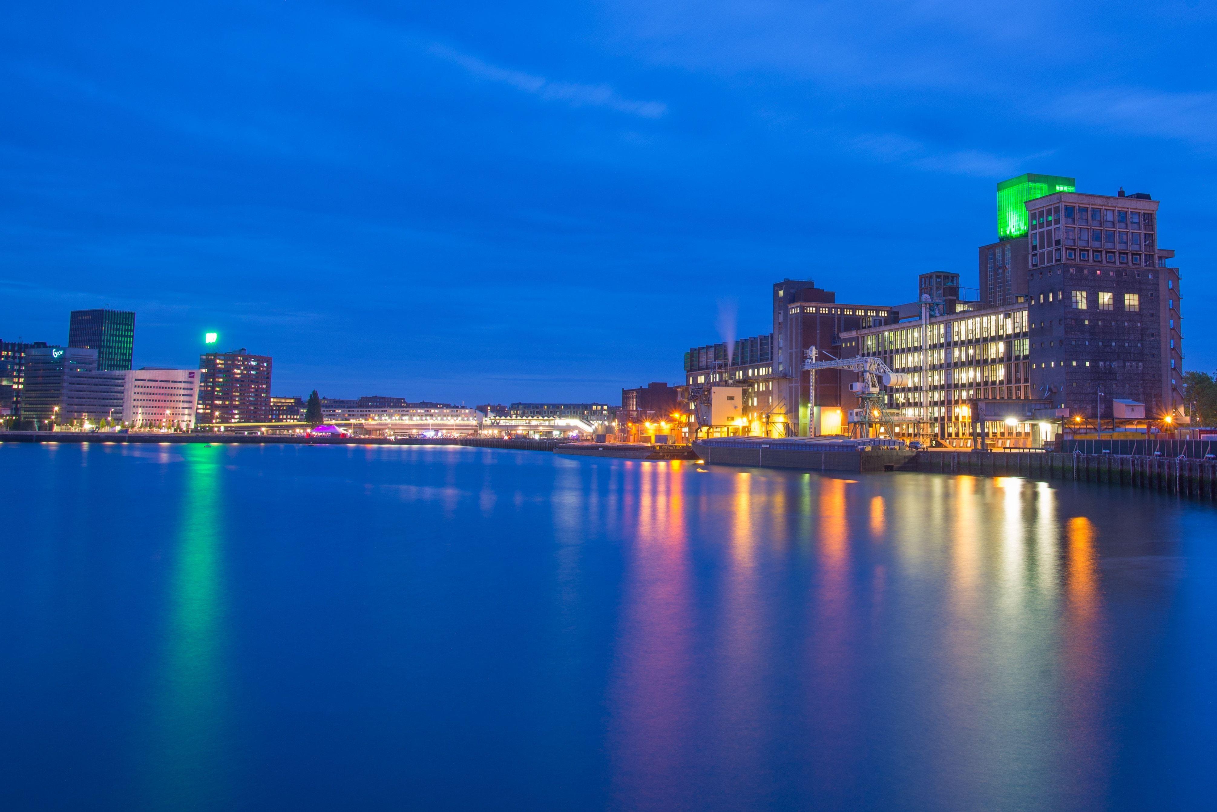 Night, Harbor, Rotterdam, Reflection, illuminated, reflection free