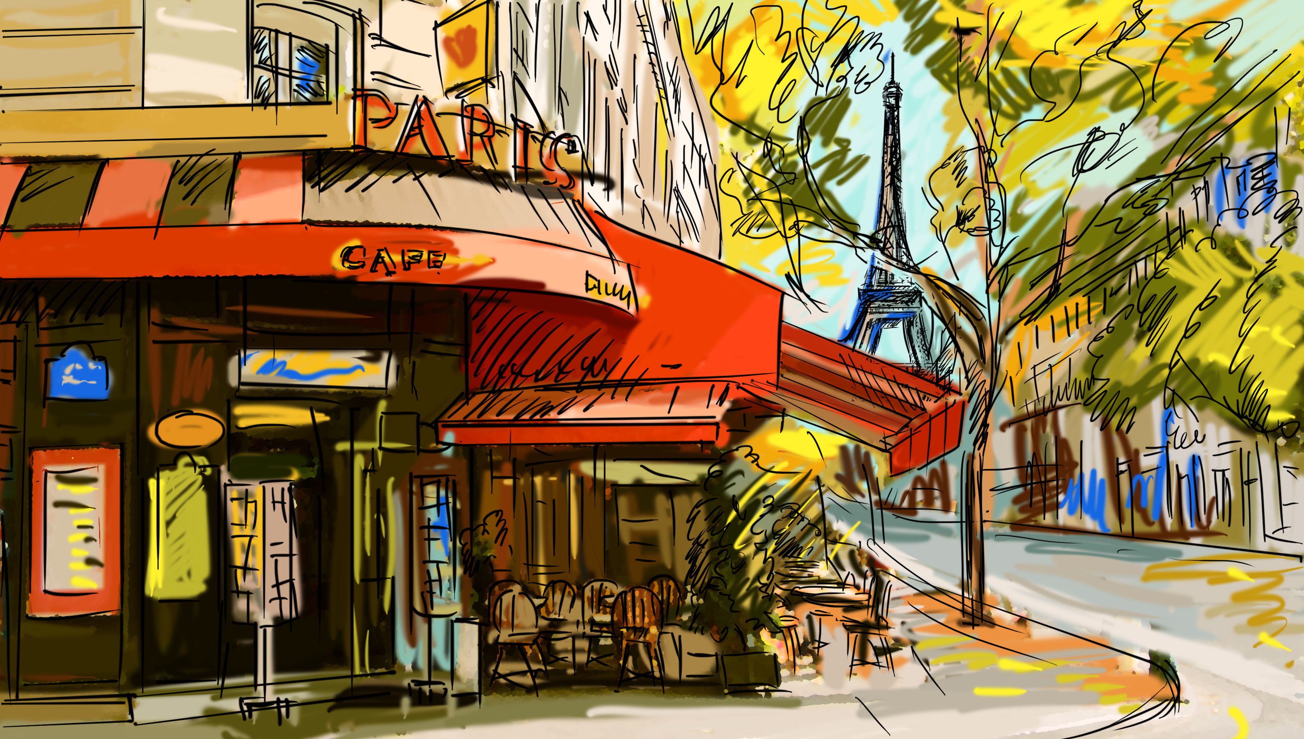 Pencil Drawing Colorwater France Cafe Paris Street Hd Wallpaper