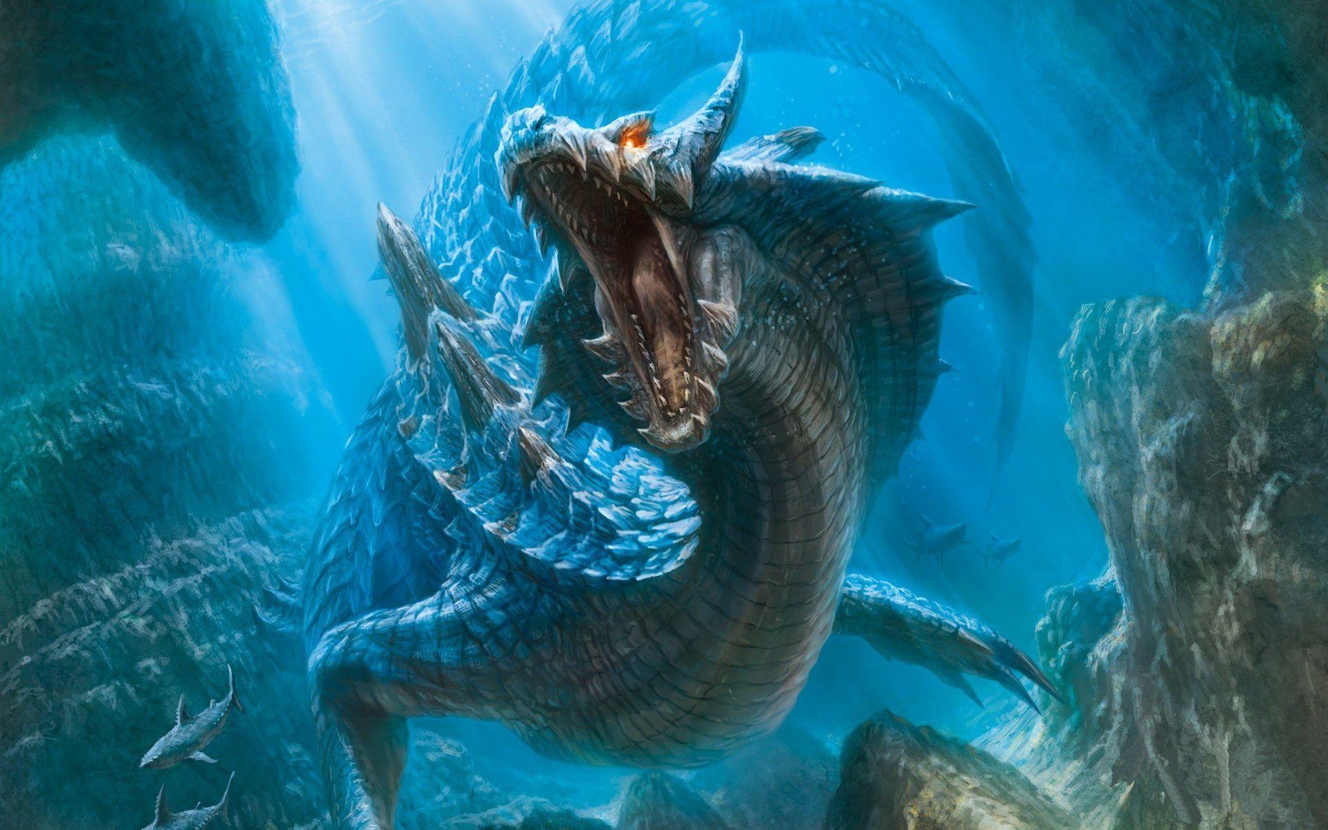 monster hunter dragon fall underwater world shark light the bottom