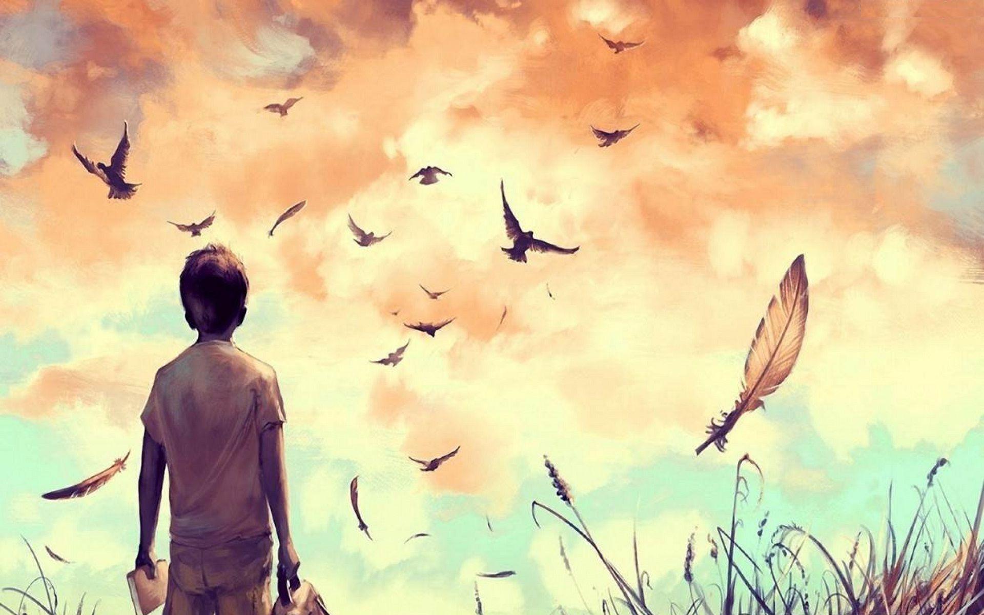 Alone boy and birds flying painting. HD Wallpaper Rocks