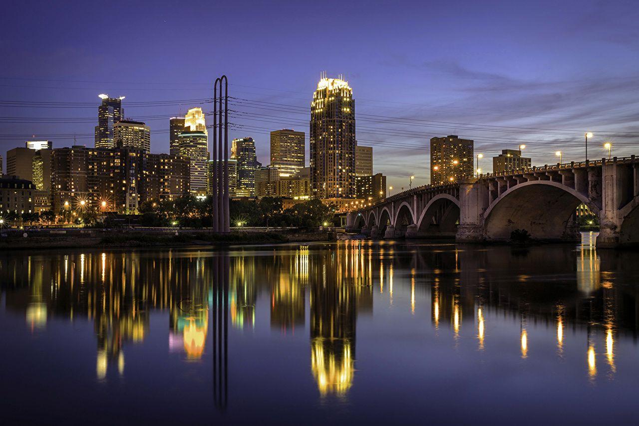 Wallpaper USA Minneapolis Bridges Night Rivers Street lights Cities