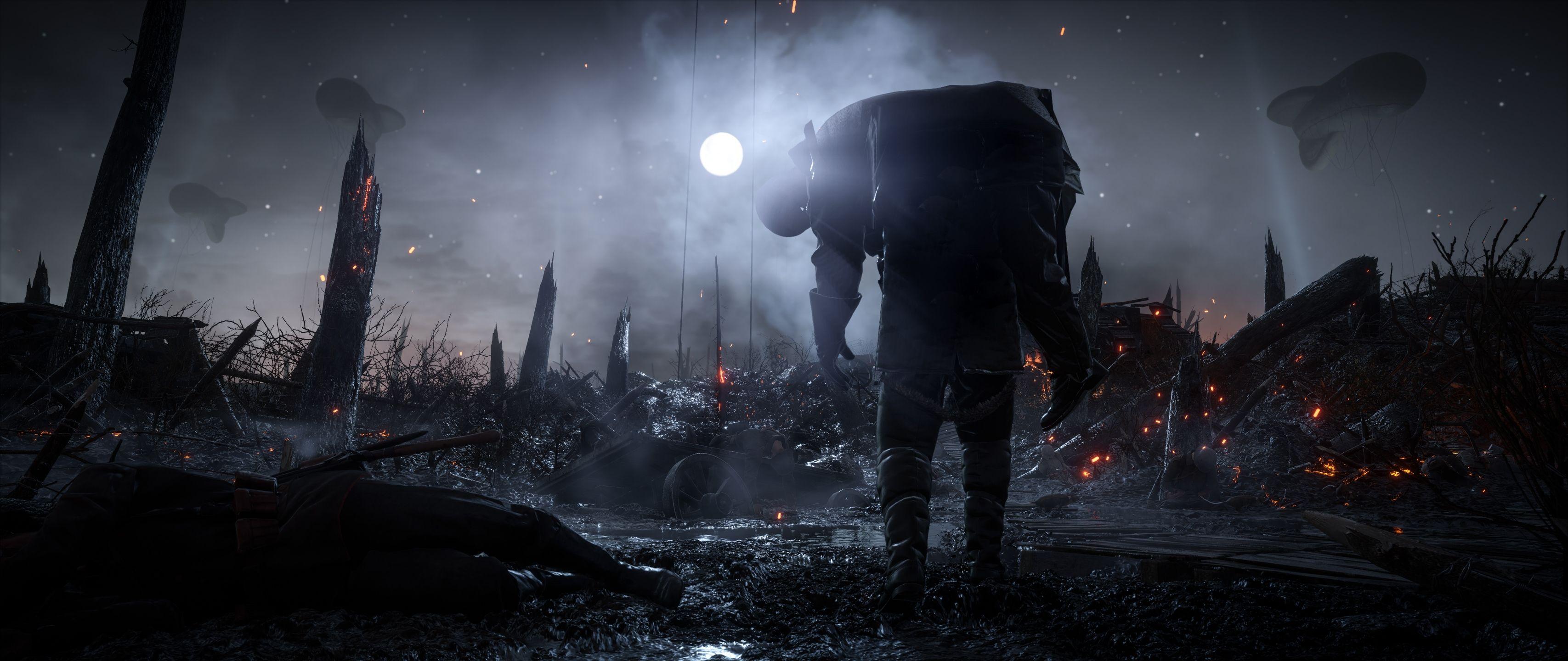 Download 3413x1440 Battlefield Soldiers, Dark Theme, Moon, Fog