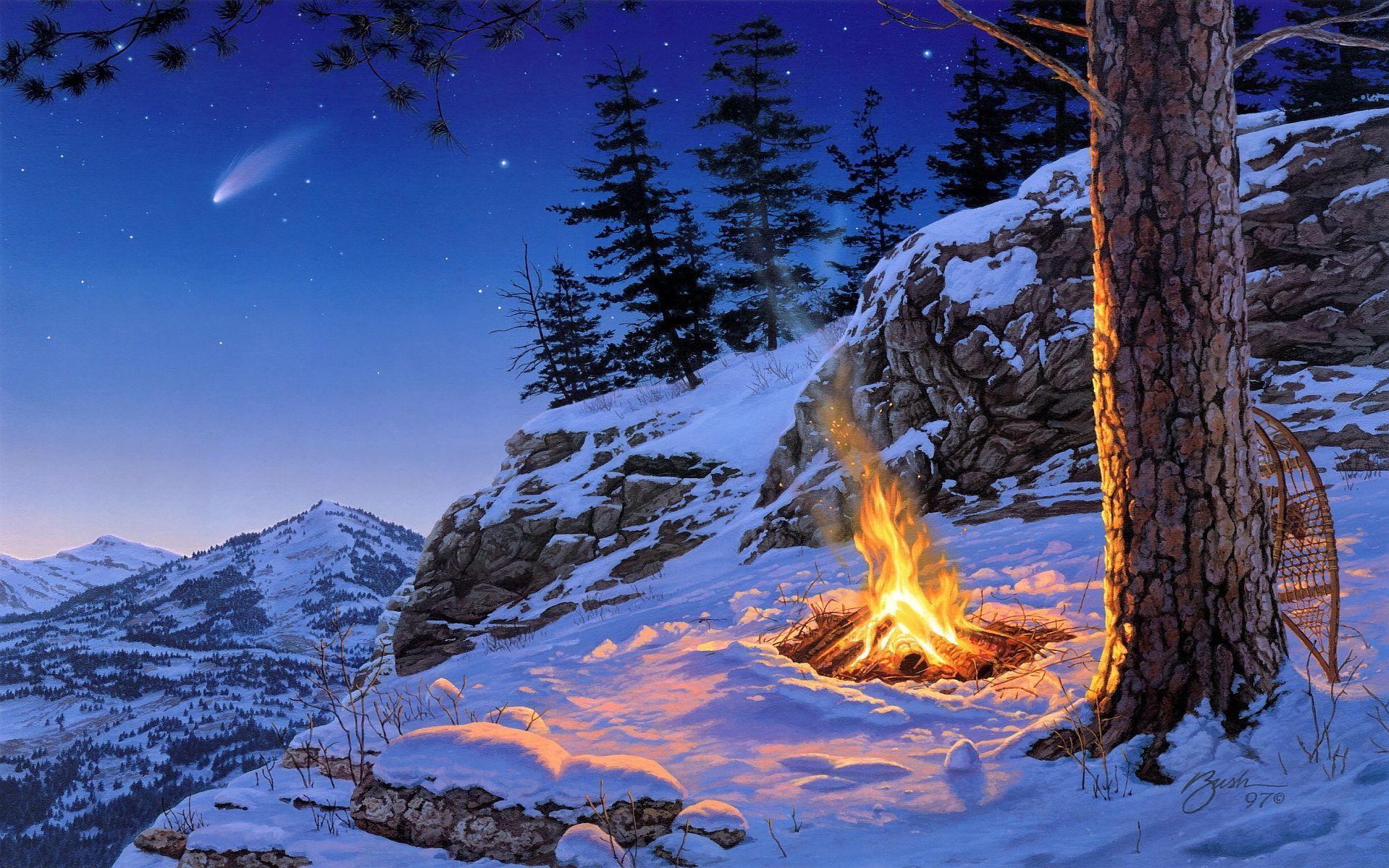 Winter campfire art wallpaperx1200