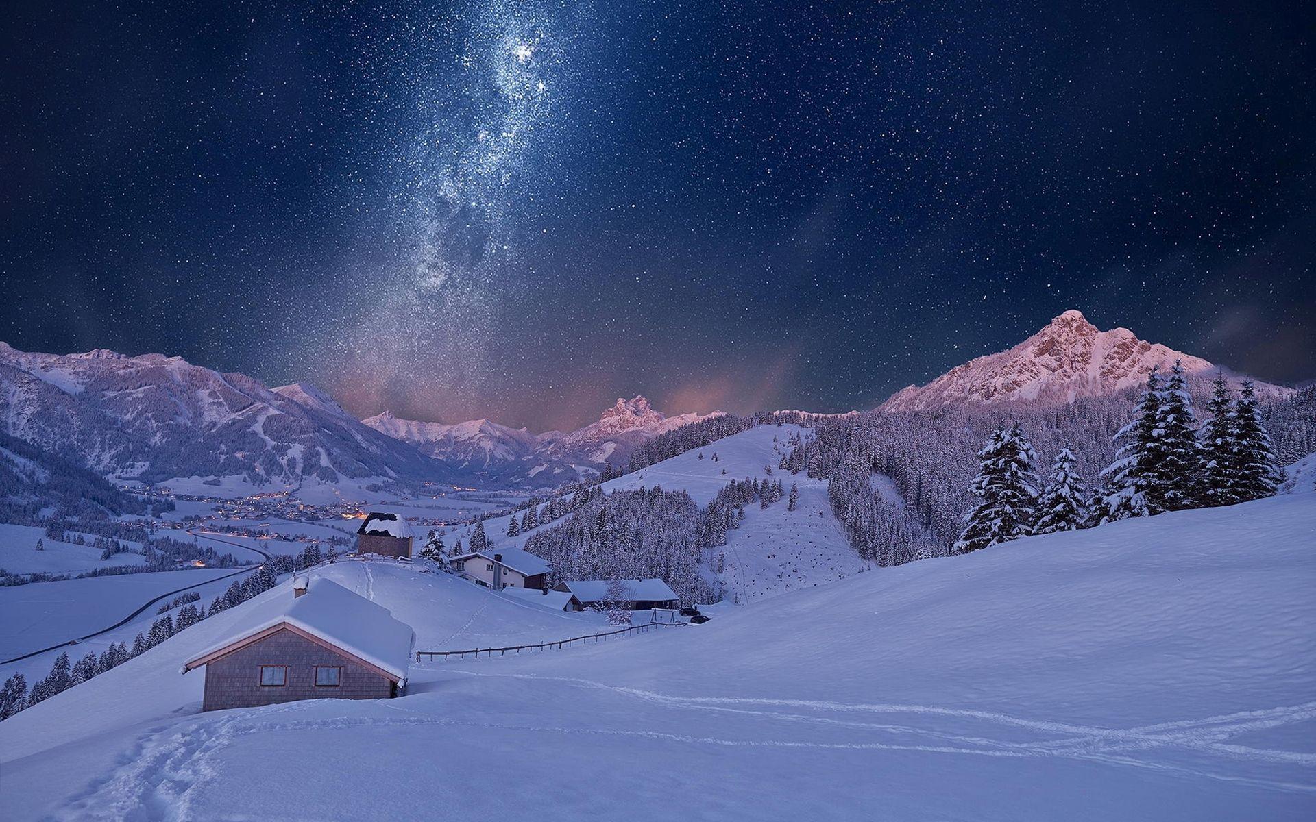 Beautiful, Winter, Snow, Cottage, Mountain, Sky, Tree, Nature