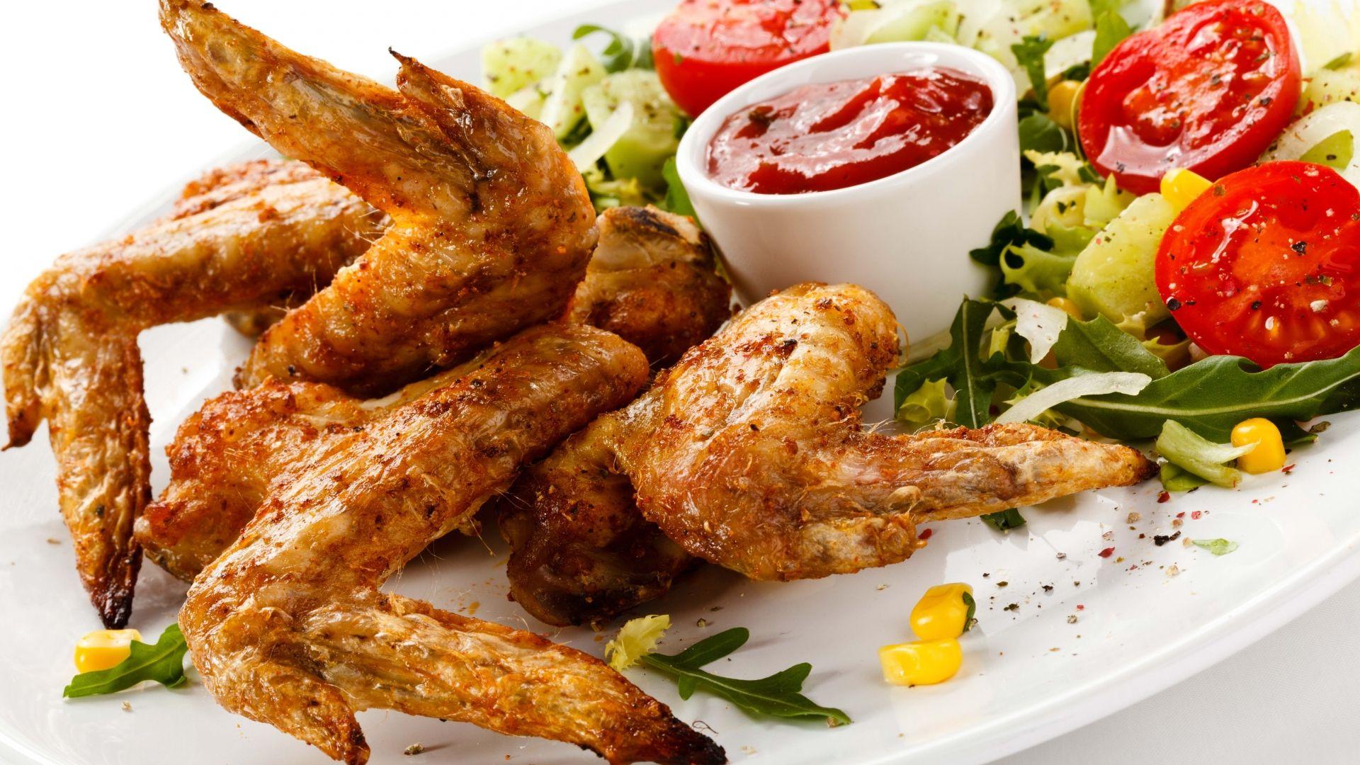 Download Wallpaper 1920x1080 Chicken wings, Plate, Ketchup