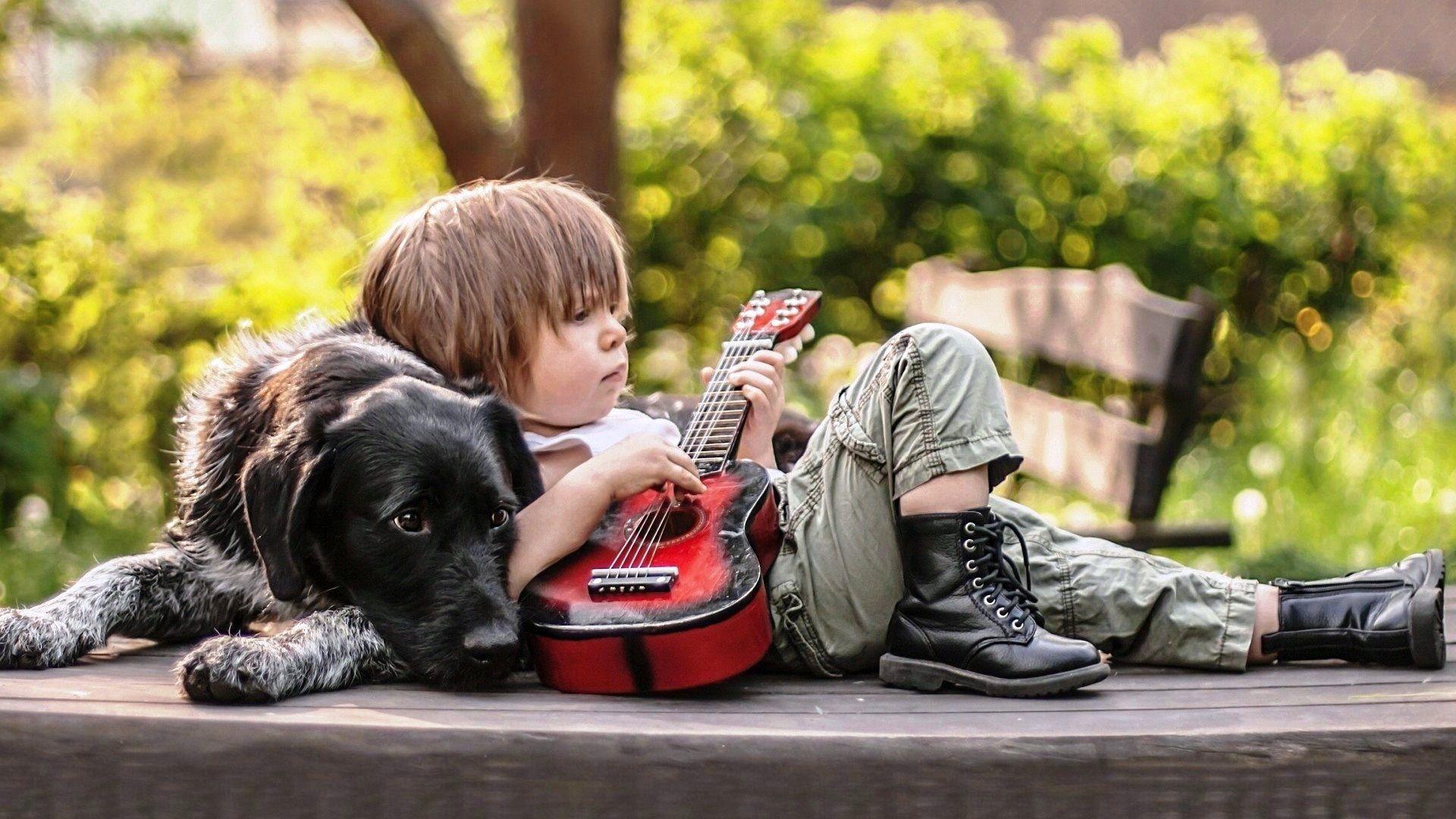 Cute baby with guitar and dog HD wallpaperNew HD wallpaper