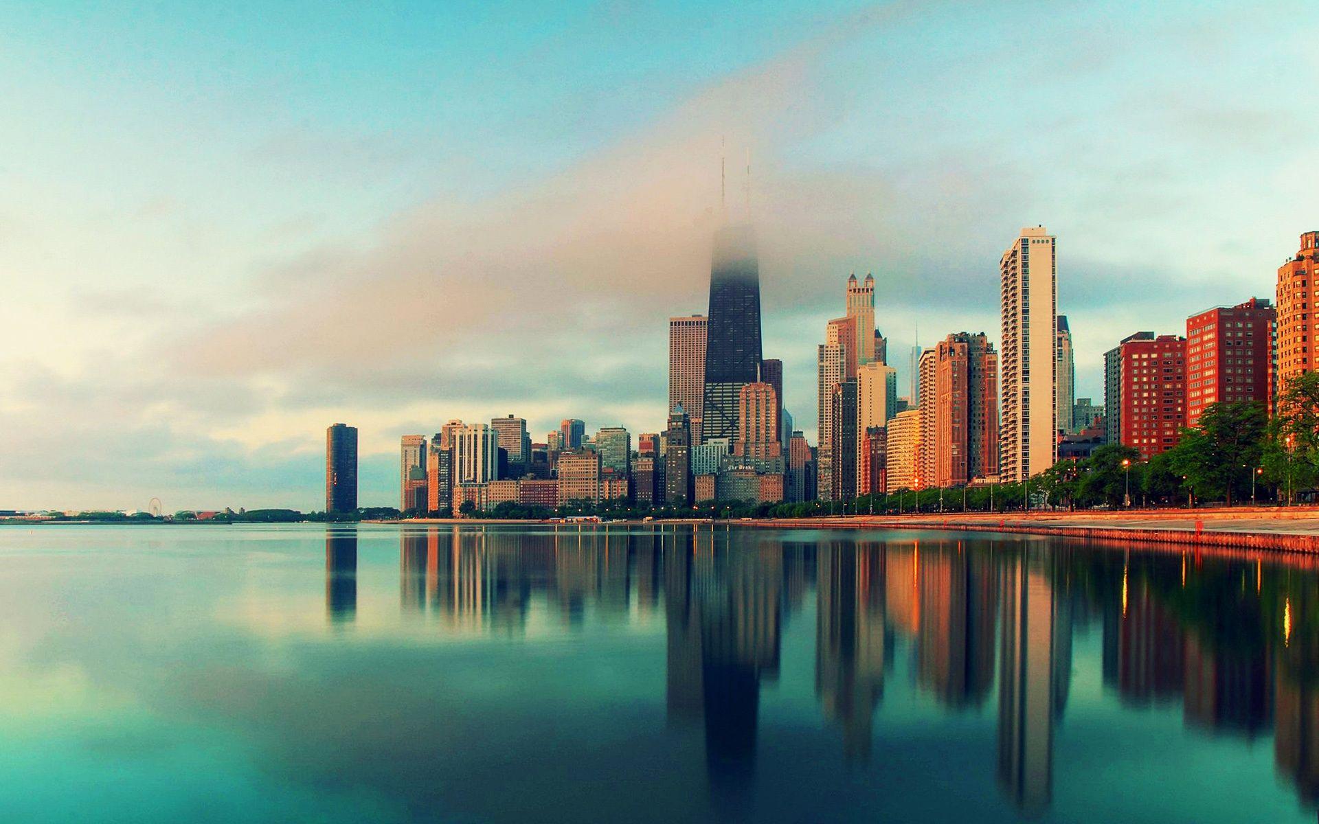 Chicago, Illinois, city skyscrapers, water, fog Wallpaper