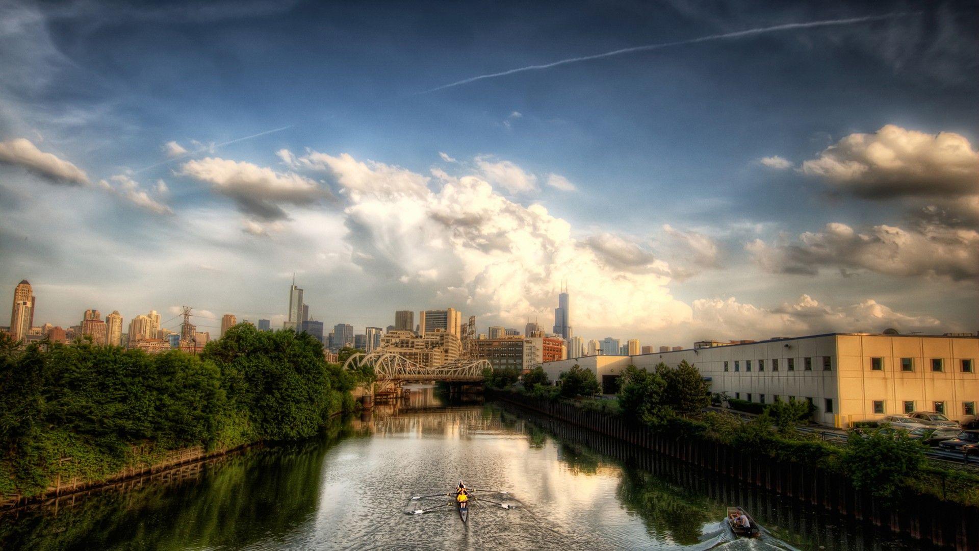 River: Rowing Chicago River City Bridge Illinois Full HD Wallpaper