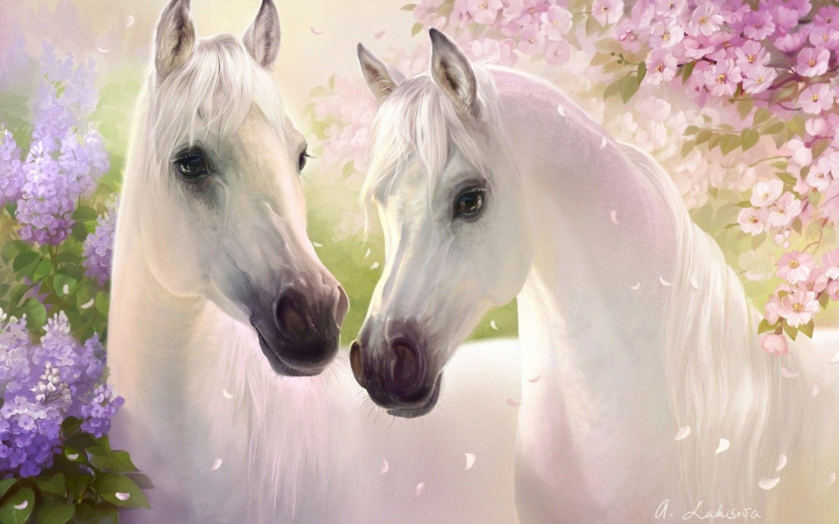 Beautiful White Horses Painting widescreen wallpaper. Wide