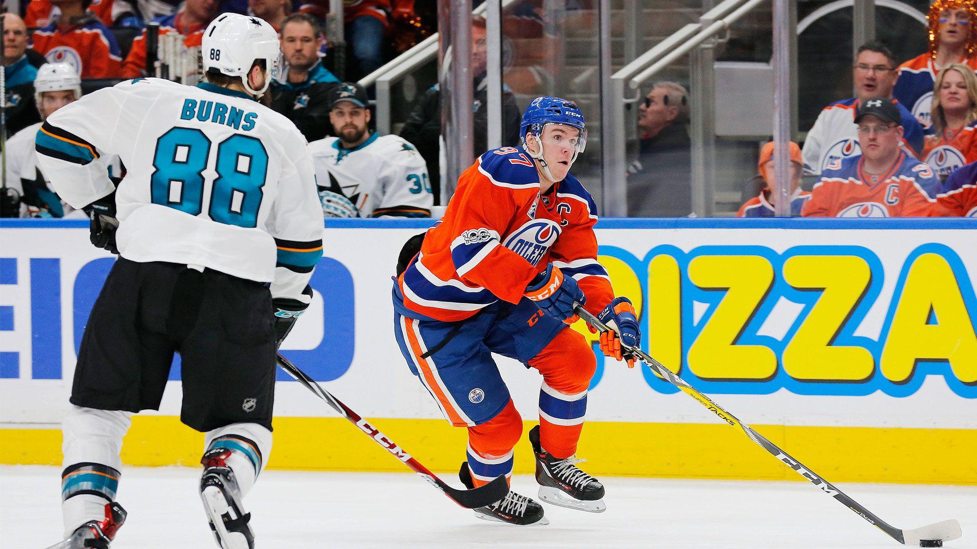 Brent Burns, Connor McDavid getting held in check. NBCS Bay Area