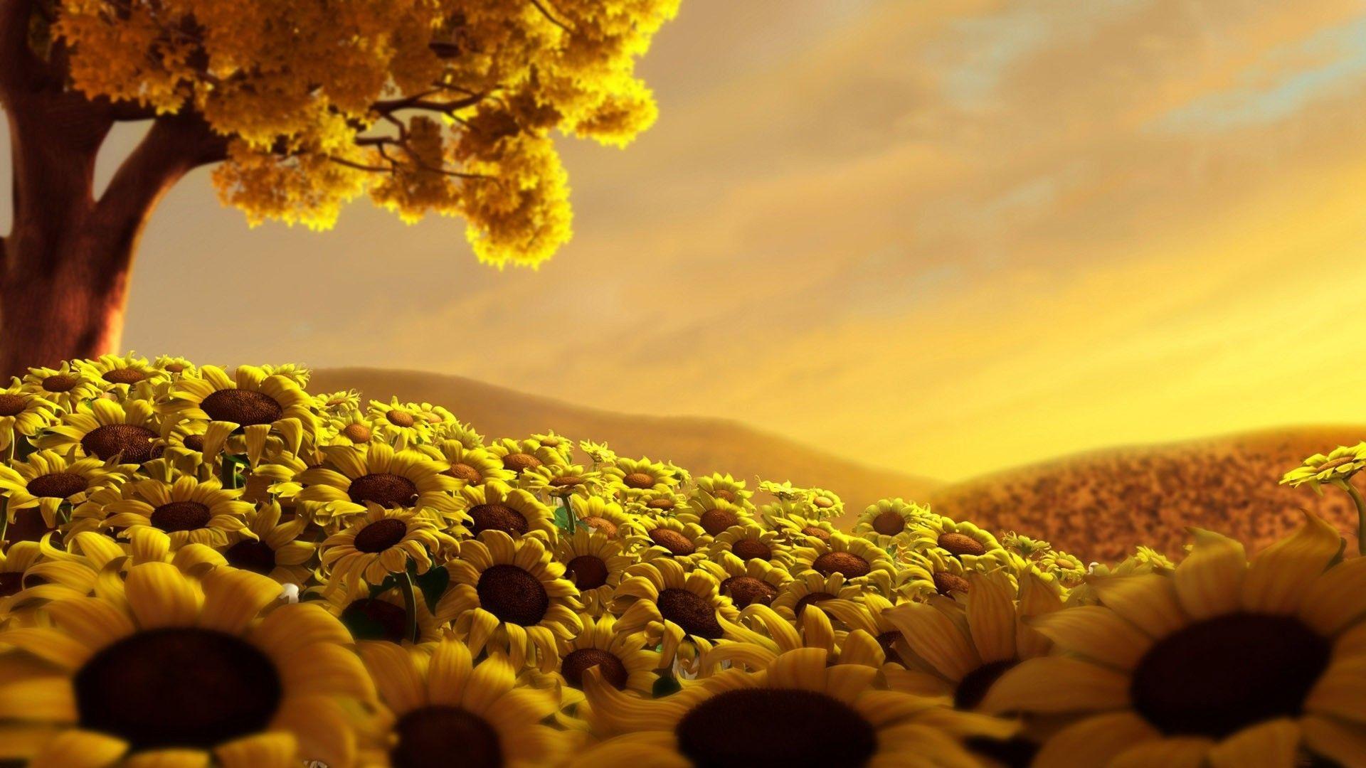 Tree Sunflower Field. Download HD Wallpaper