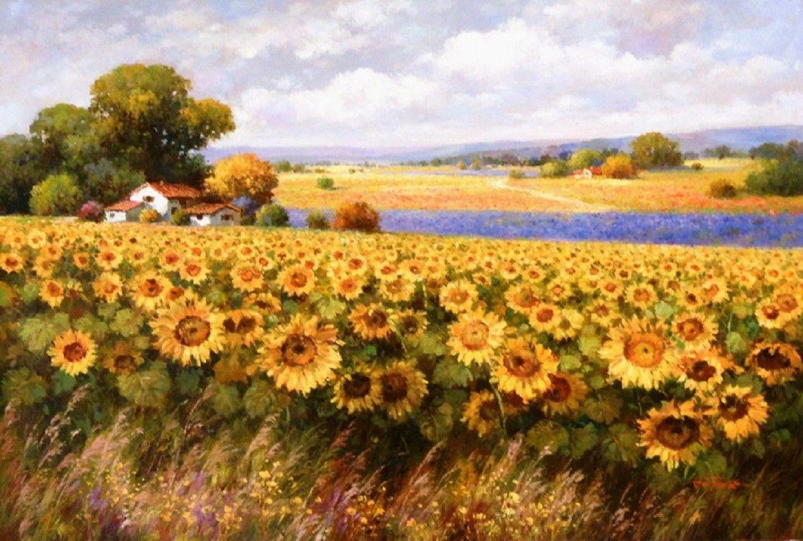 Flowers: Painting Sunflowers Field Sunflower Nature Wallpaper