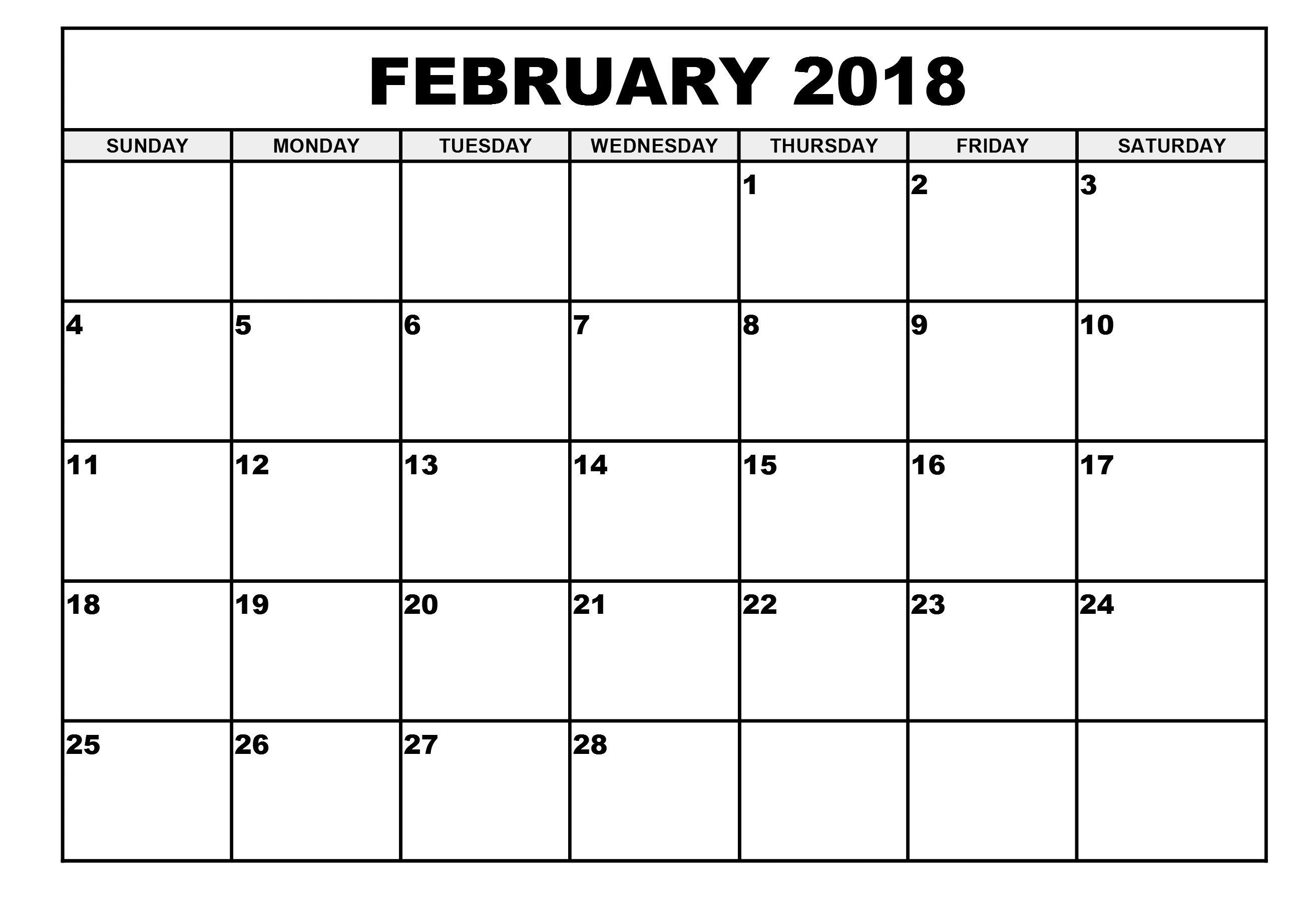 Printable Calendar For February 2018