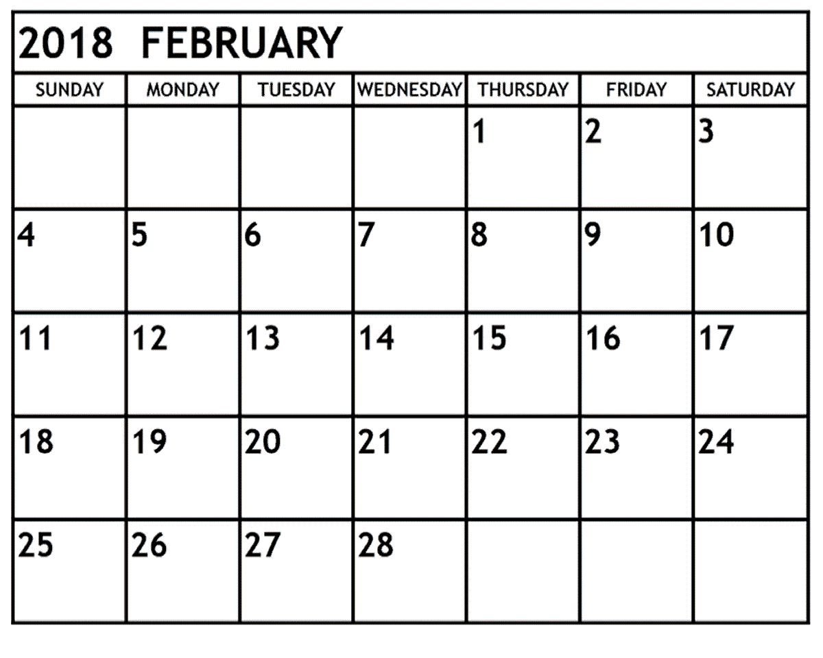 Printable February 2018 Calendar