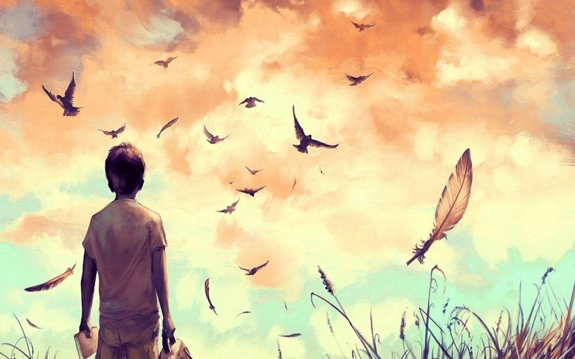 Alone Cartoon Boy Drawing Full HD Alone Boy And Birds Flying