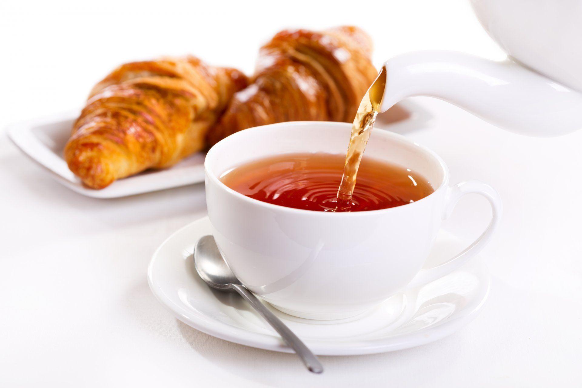 breakfast tea cup croissant breakfast tea croissant HD wallpaper
