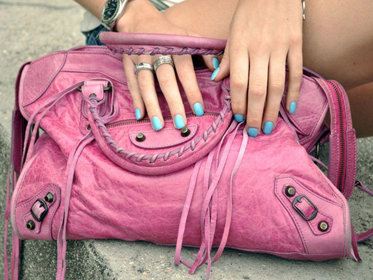 Pink And Blue Wild Background. Women Fashion Pink Bag Blue Nails