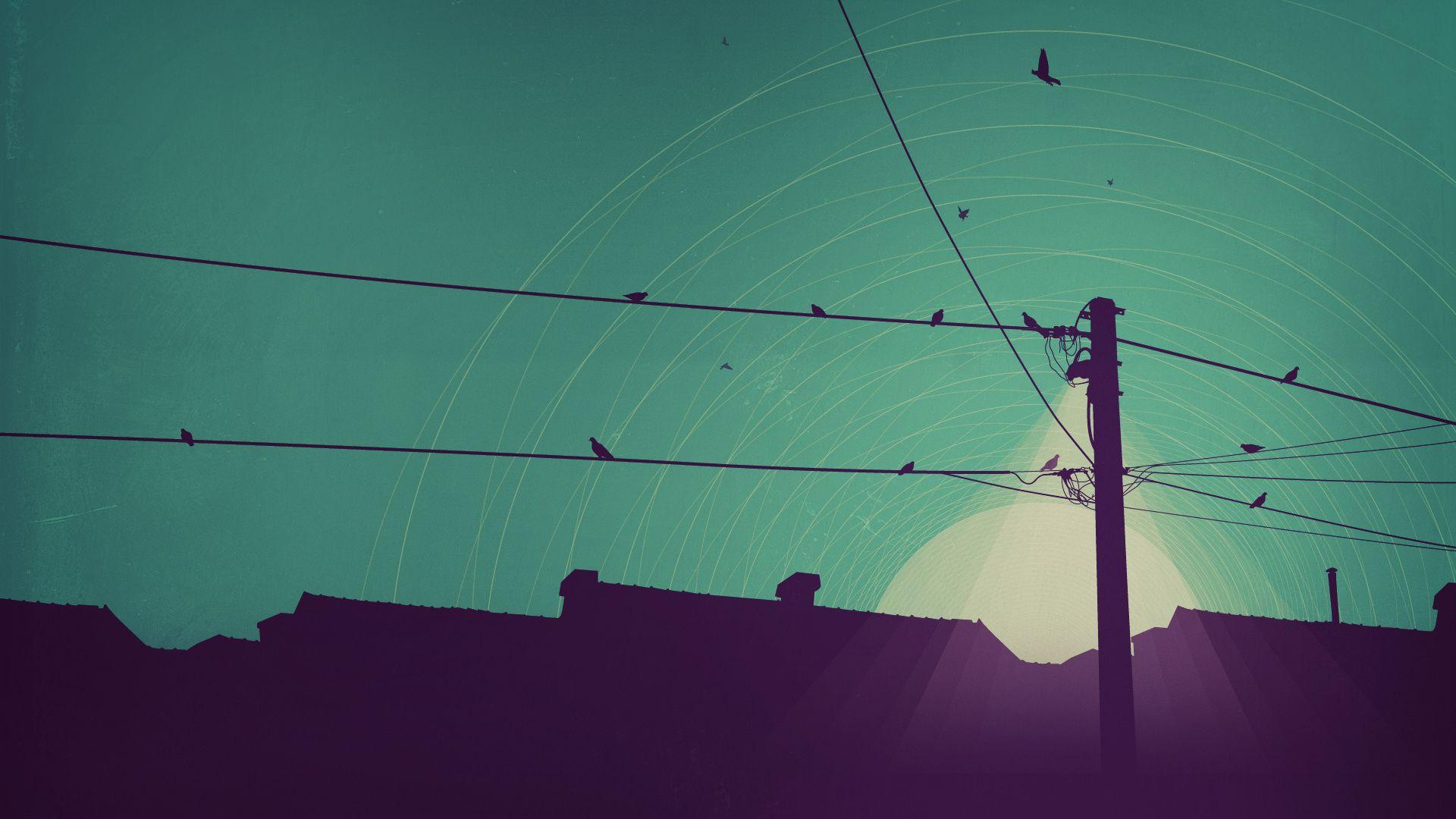 Electricity Pole Birds Illustration Desktop Wallpaper