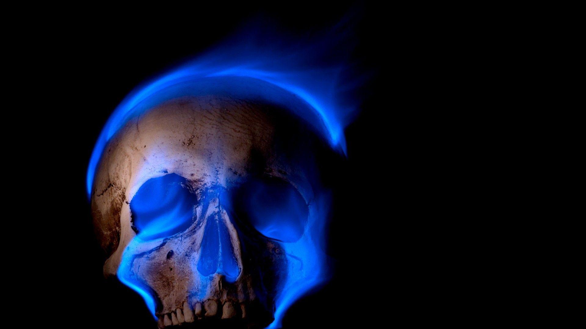 digital Art, Skull, Black Background, Teeth, Burning, Blue Flames