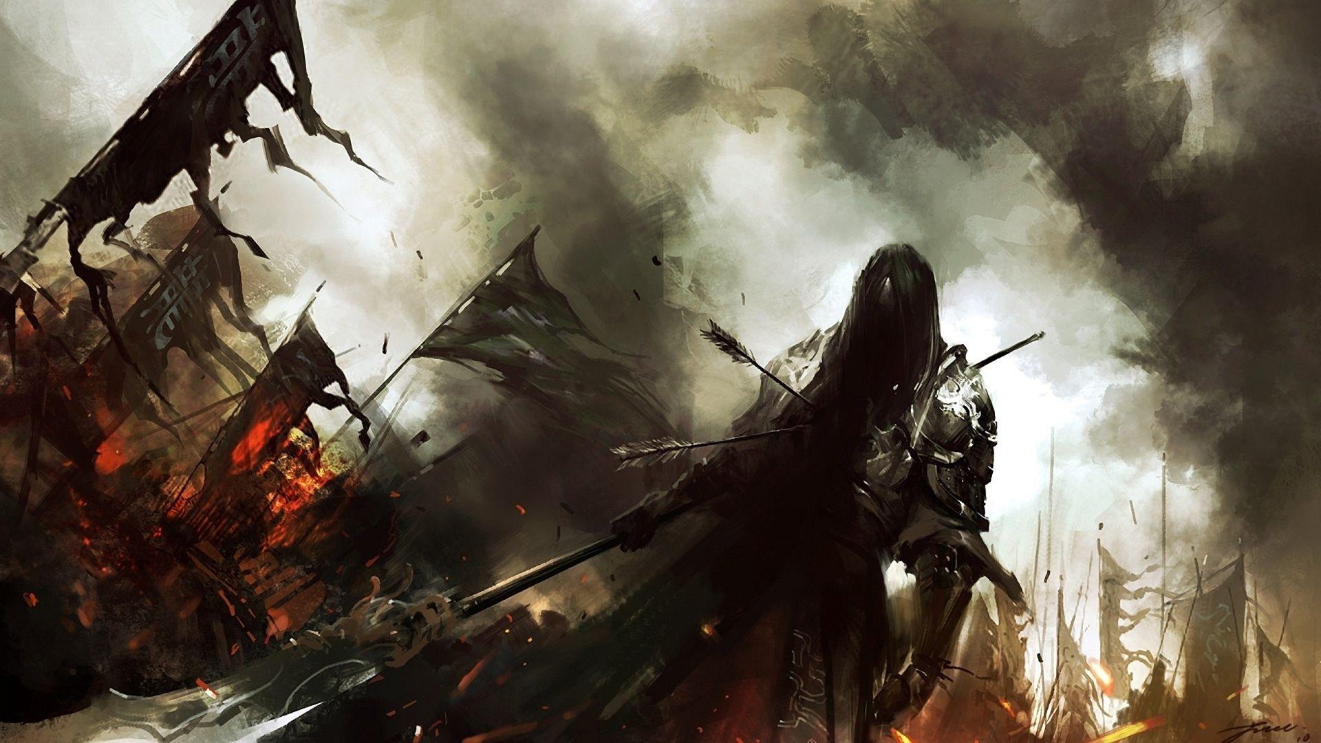 Lin Wenjun fantasy dark warrior knight battle weapons army fire art wallpaperx1080