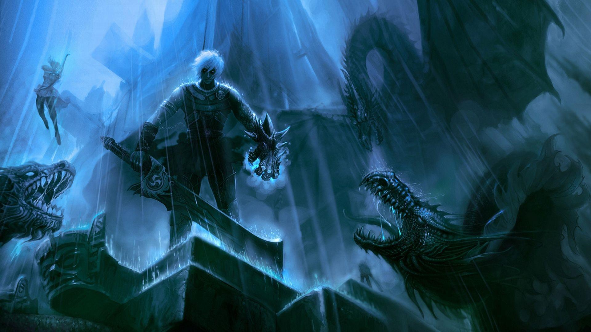 Fantasy warrior dragon weapon sword magic blue dark art wallpaper