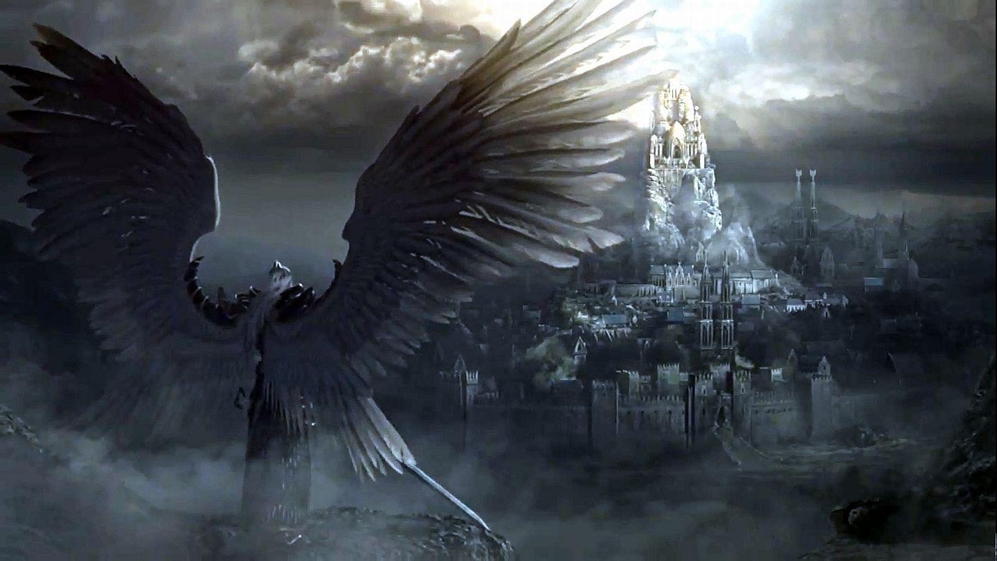 Fantasy Angel Warrior Sword City Wings Castle Wallpaper. angel