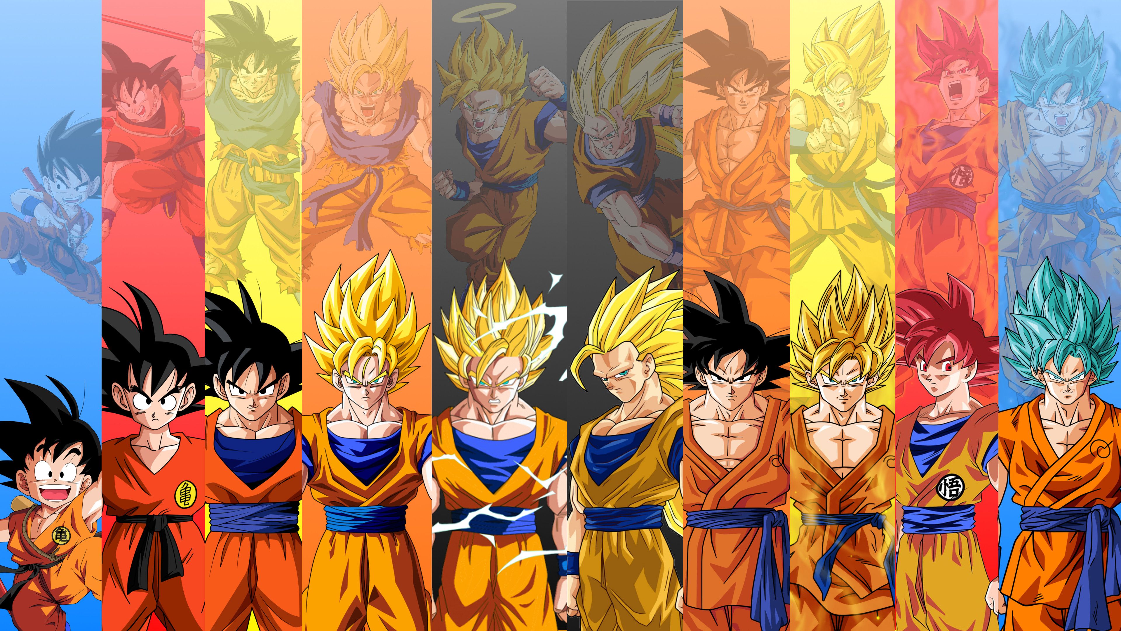 Just made this 4K Wallpaper featuring 10 Forms of Goku from DB, DBZ