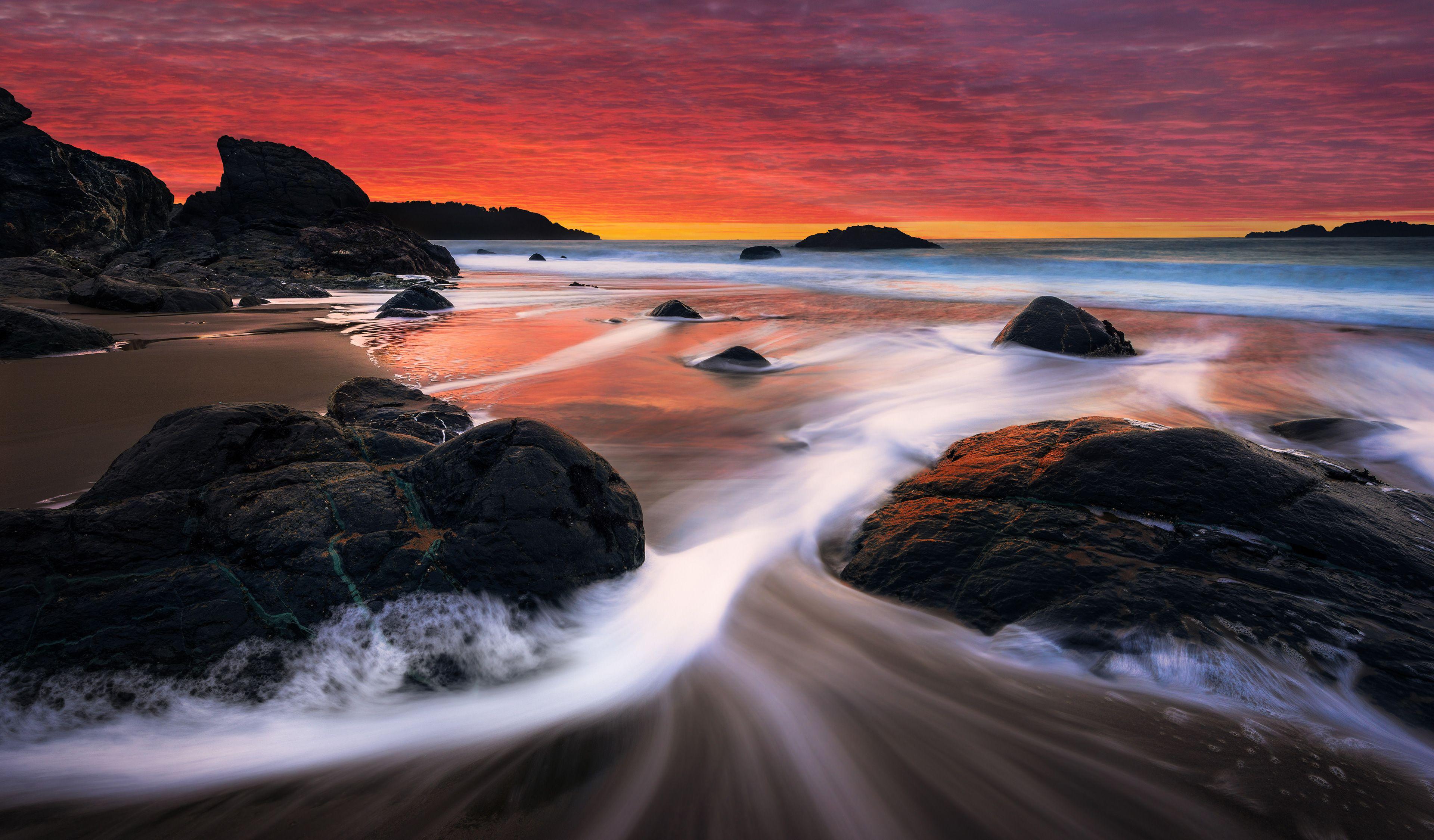 Pink Sky Beach Waves, HD Nature, 4k Wallpaper, Image
